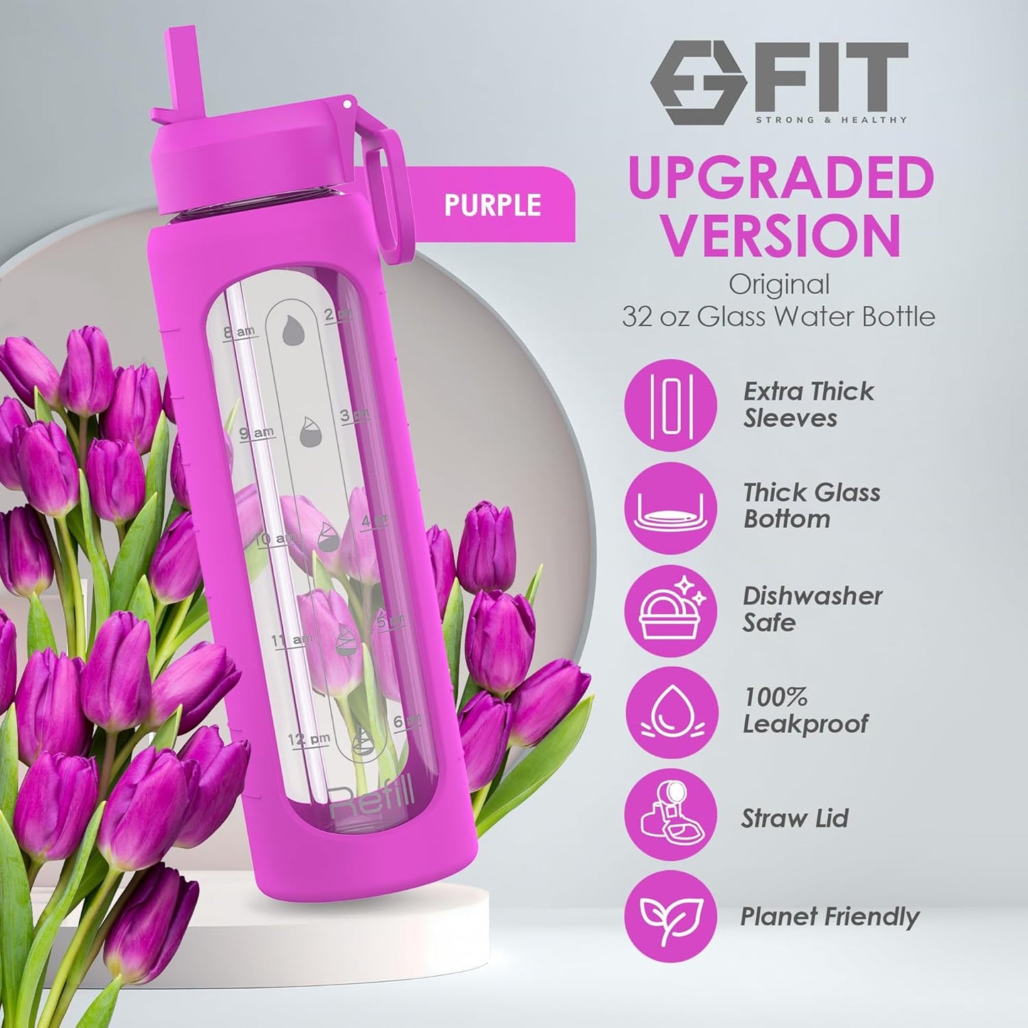 32 oz Glass Water Bottle with Time Marker, Silicone Sleeve, and 2 Leakproof Lids - BPA Free 1 Liter Motivational Drinking Bottle