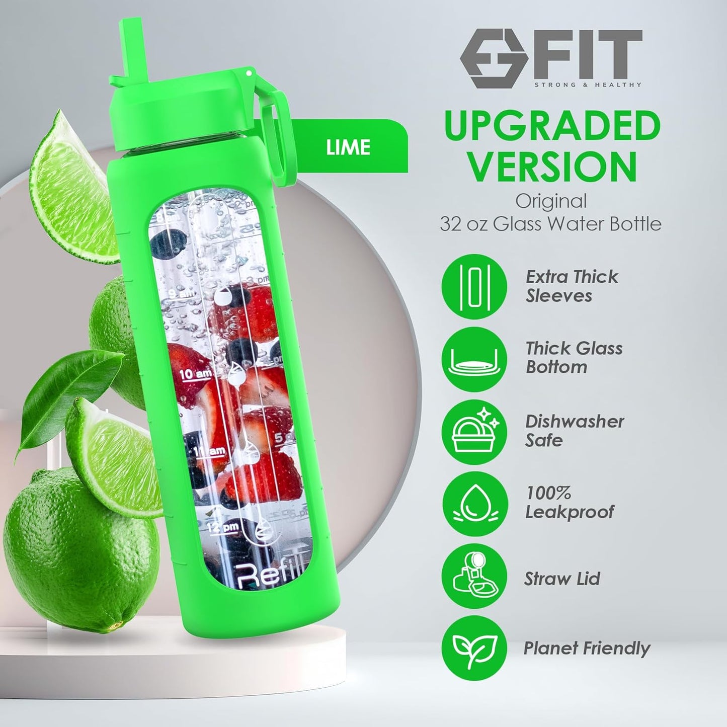 32 oz Glass Water Bottle with Time Marker & Silicone Sleeve - BPA Free, 1 Liter Motivational Drinking Bottle with 2 Leakproof Lids - Lime