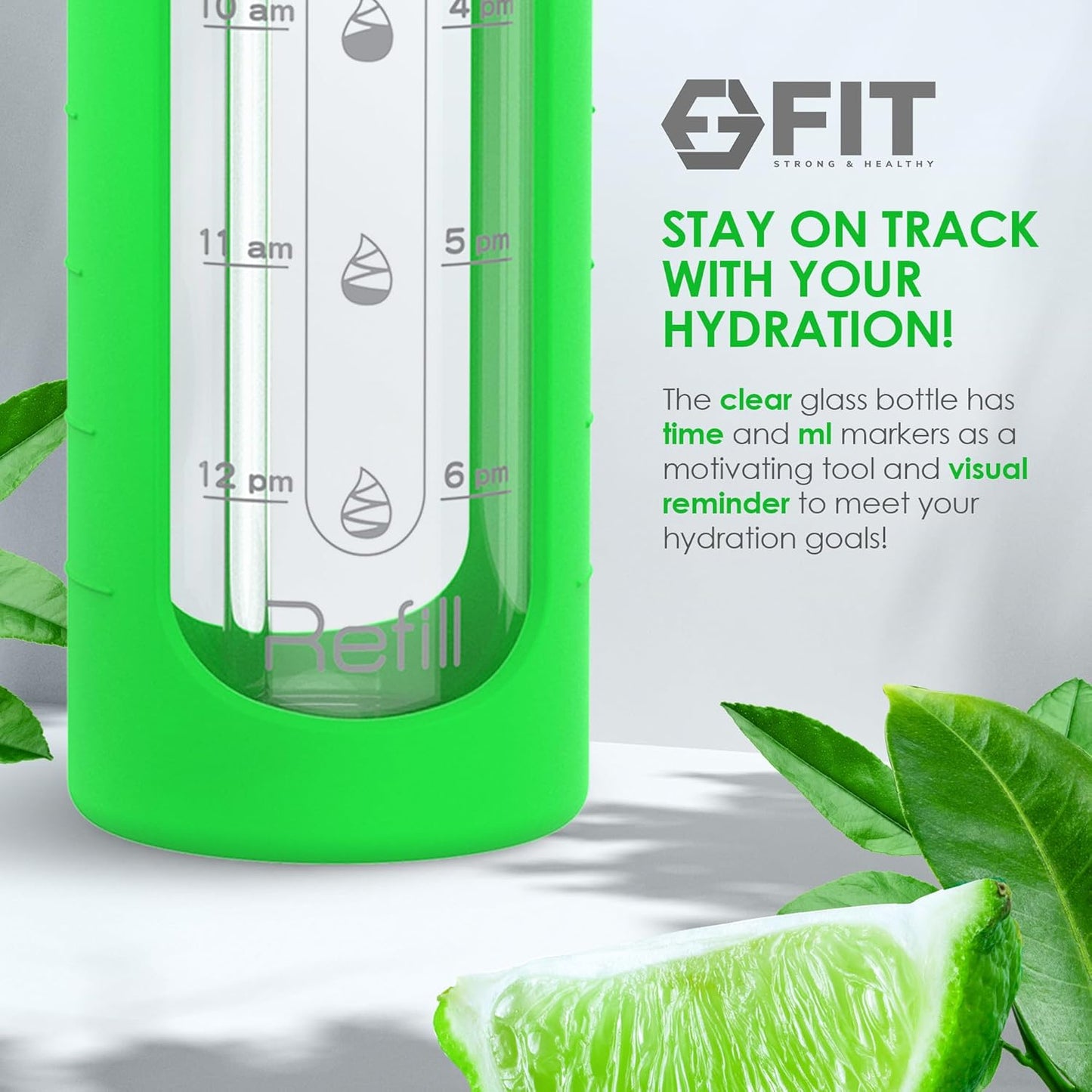 32 oz Glass Water Bottle with Time Marker & Silicone Sleeve - BPA Free, 1 Liter Motivational Drinking Bottle with 2 Leakproof Lids - Lime