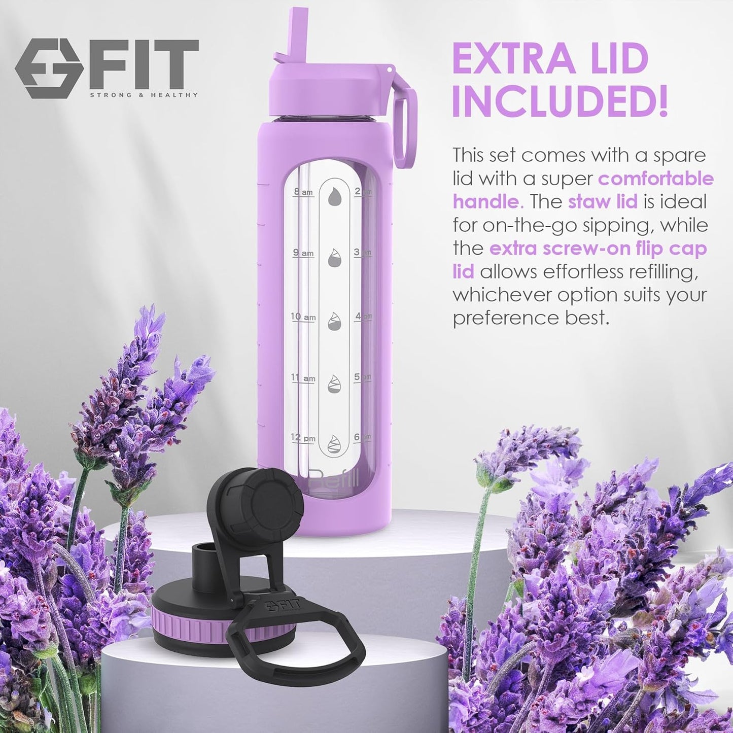 32 oz Glass Water Bottle with Time Marker, Silicone Sleeve, and 2 Leakproof Lids - BPA Free 1 Liter Motivational Drinking Bottle
