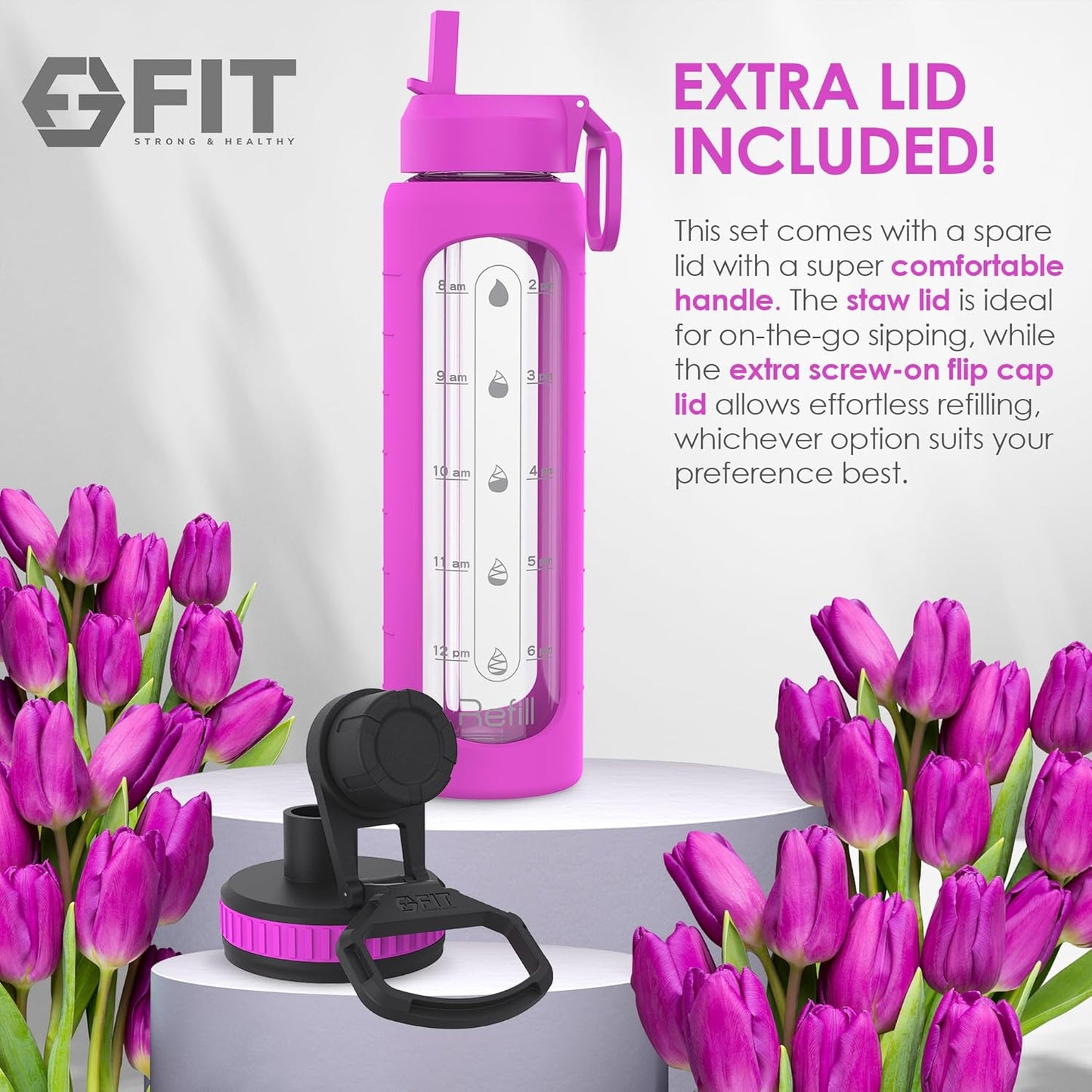 32 oz Glass Water Bottle with Time Marker, Silicone Sleeve, and 2 Leakproof Lids - BPA Free 1 Liter Motivational Drinking Bottle