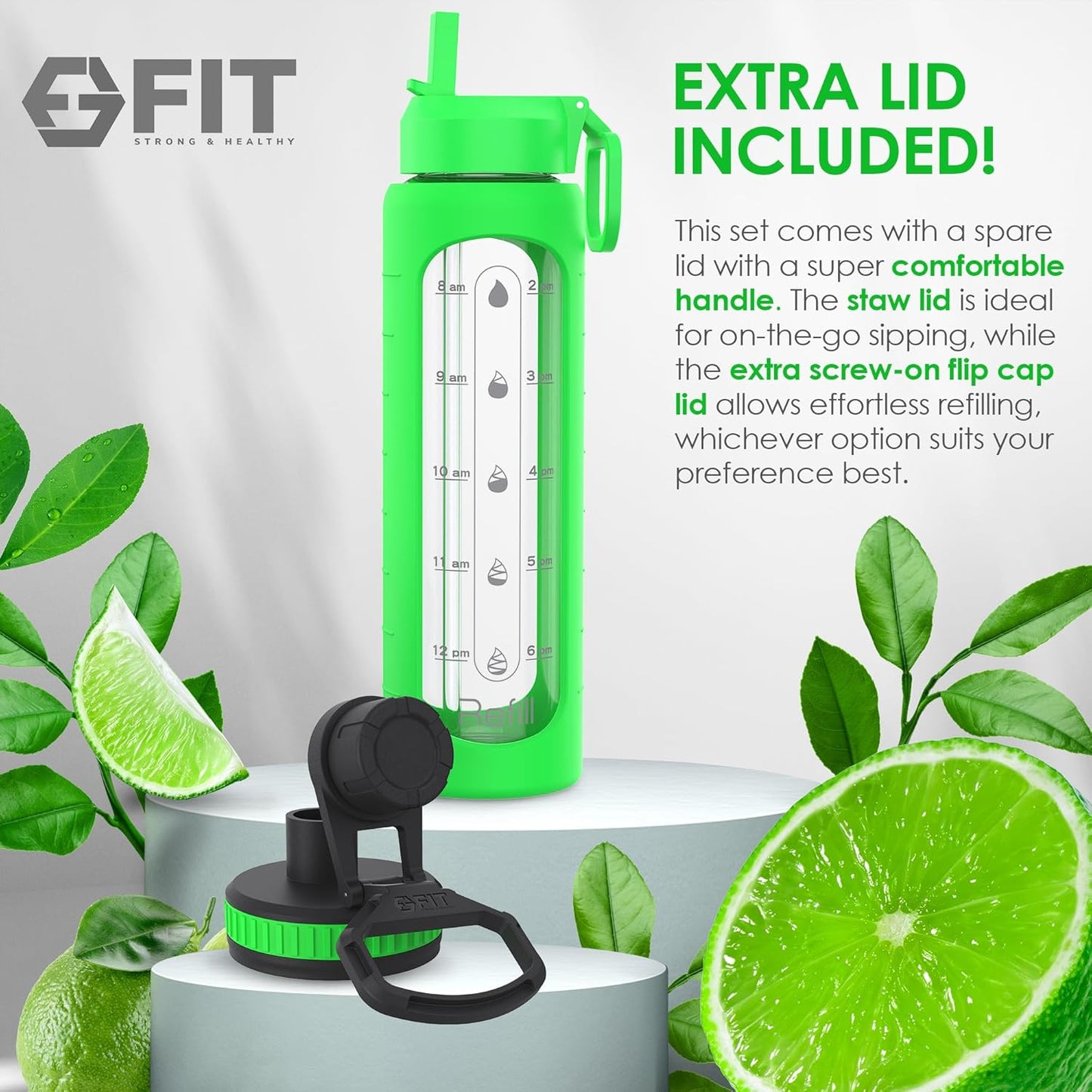 32 oz Glass Water Bottle with Time Marker & Silicone Sleeve - BPA Free, 1 Liter Motivational Drinking Bottle with 2 Leakproof Lids - Lime