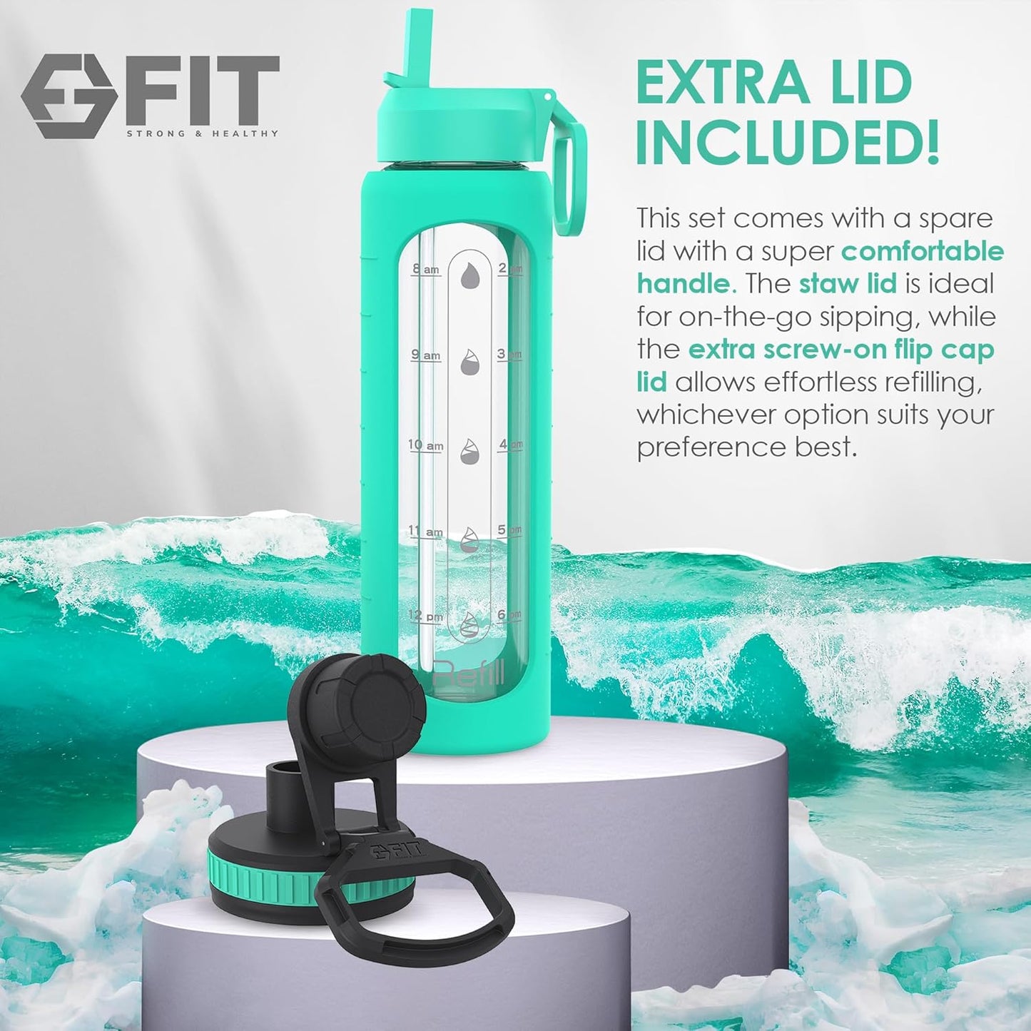 32 oz Glass Water Bottle with Time Marker & Silicone Sleeve - BPA Free, Leakproof Lids & Wide Mouth - 1 Liter Motivational Drinking Bottle in Seafoam Color