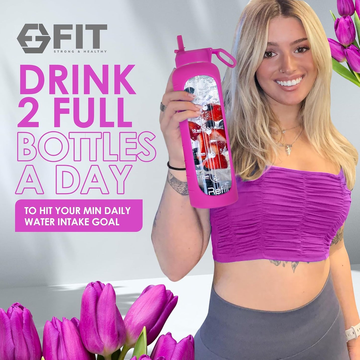 32 oz Glass Water Bottle with Time Marker, Silicone Sleeve, and 2 Leakproof Lids - BPA Free 1 Liter Motivational Drinking Bottle