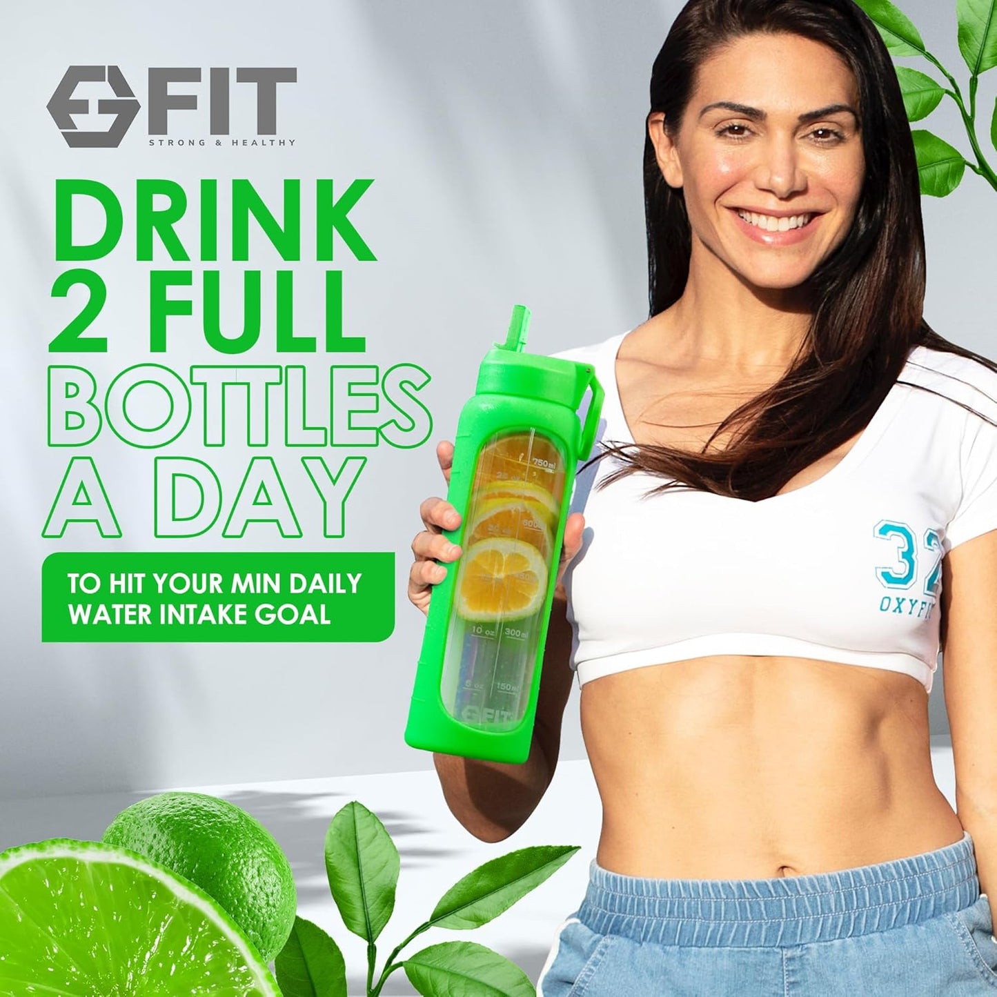 32 oz Glass Water Bottle with Time Marker & Silicone Sleeve - BPA Free, 1 Liter Motivational Drinking Bottle with 2 Leakproof Lids - Lime
