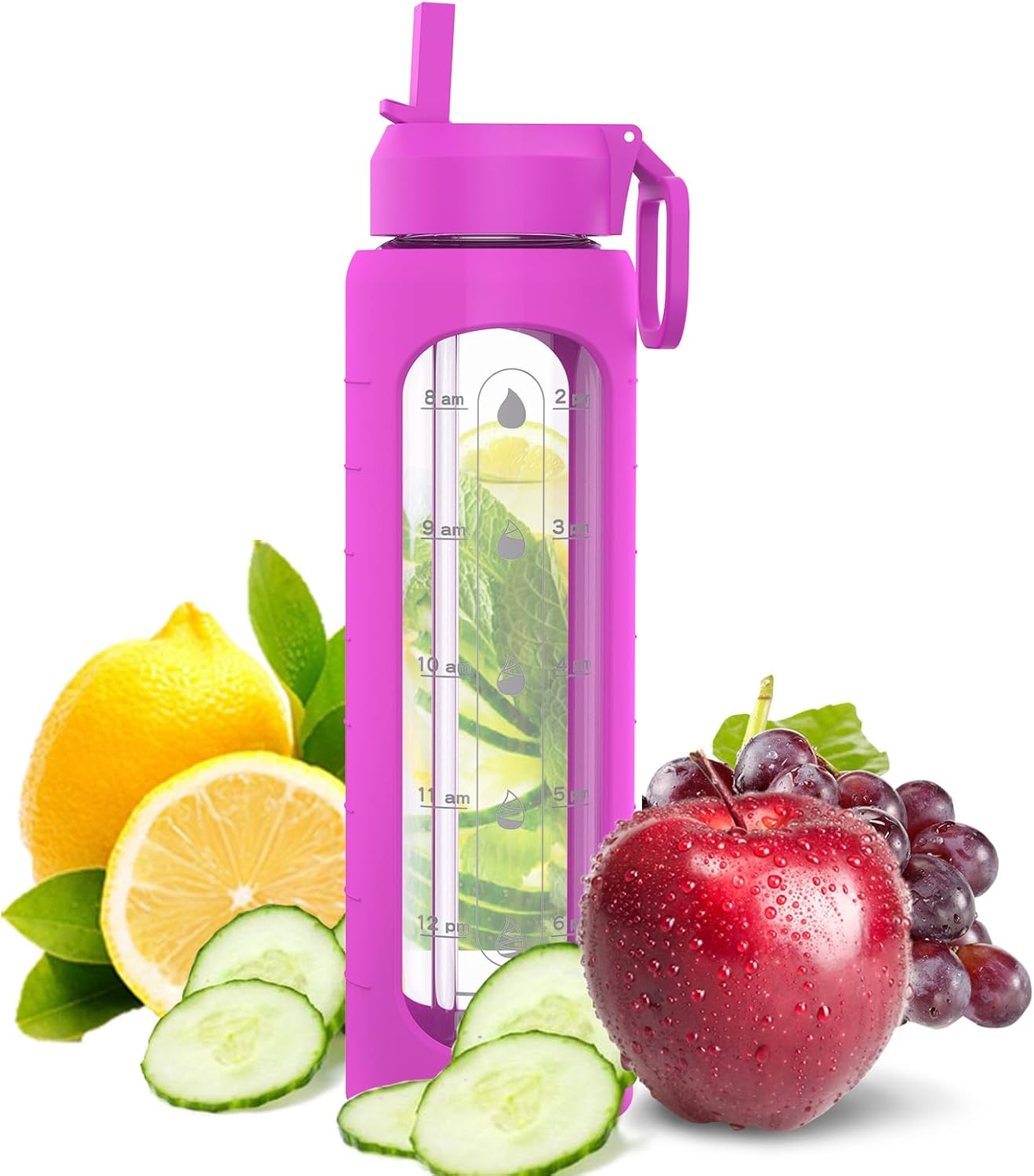 32 oz Glass Water Bottle with Time Marker, Silicone Sleeve, and 2 Leakproof Lids - BPA Free 1 Liter Motivational Drinking Bottle