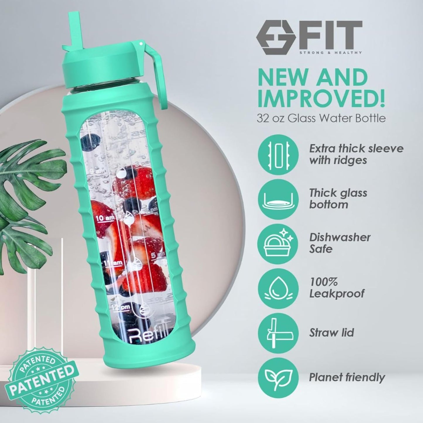 32 oz Glass Water Bottle with Time Marker, Sleeve, and Extra Lid - BPA-Free 1 Liter Glass Drinking Bottle with Straw Lid, Wide Mouth - Stay Hydrated and Motivated with this FIT Strong & Healthy Waterbottle