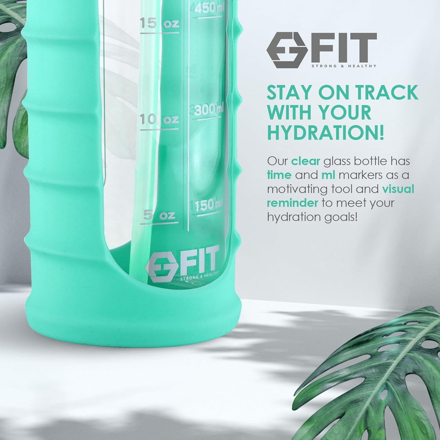 32 oz Glass Water Bottle with Time Marker, Sleeve, and Extra Lid - BPA-Free 1 Liter Glass Drinking Bottle with Straw Lid, Wide Mouth - Stay Hydrated and Motivated with this FIT Strong & Healthy Waterbottle