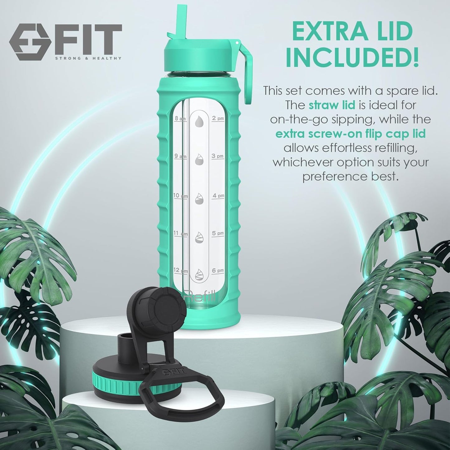32 oz Glass Water Bottle with Time Marker, Sleeve, and Extra Lid - BPA-Free 1 Liter Glass Drinking Bottle with Straw Lid, Wide Mouth - Stay Hydrated and Motivated with this FIT Strong & Healthy Waterbottle