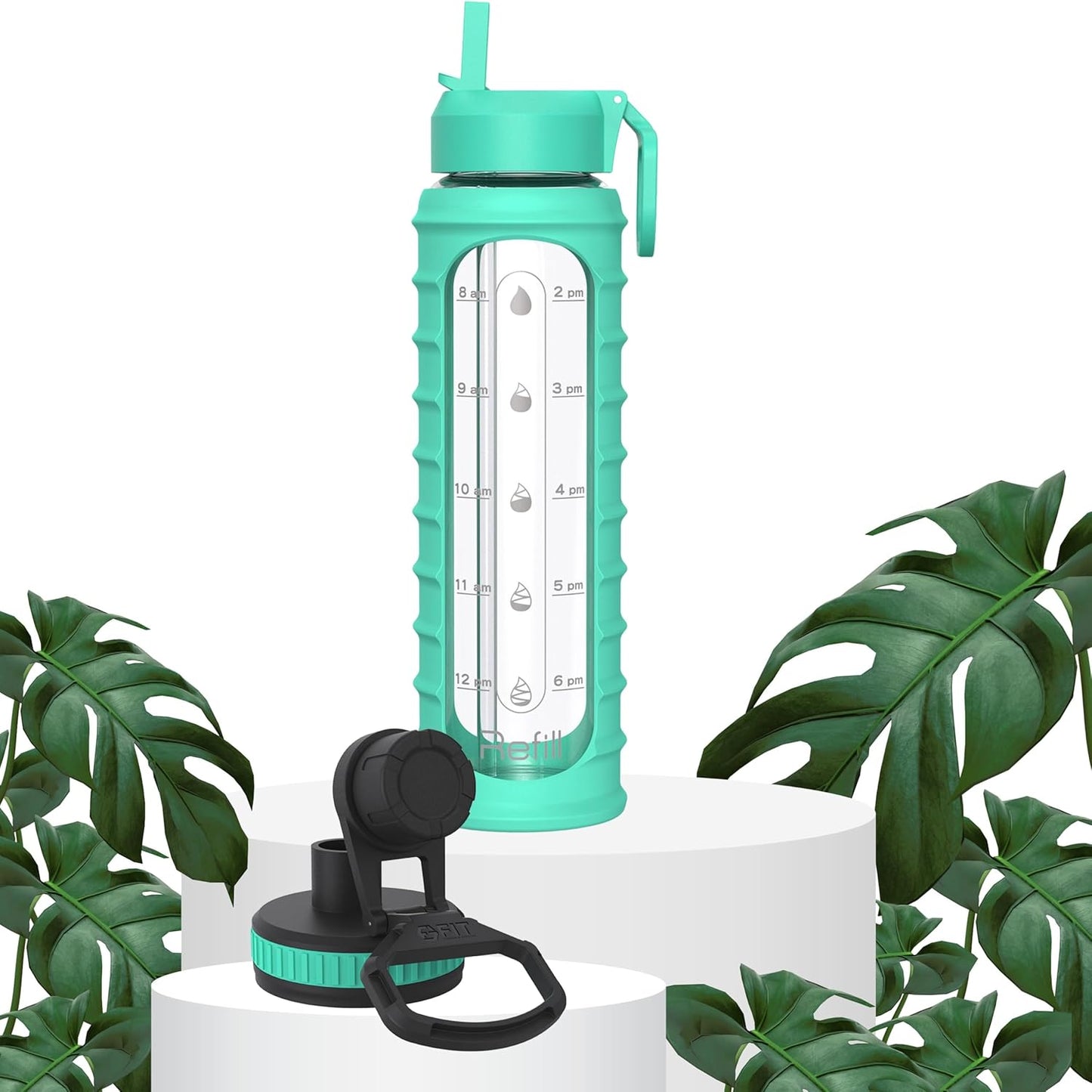32 oz Glass Water Bottle with Time Marker, Sleeve, and Extra Lid - BPA-Free 1 Liter Glass Drinking Bottle with Straw Lid, Wide Mouth - Stay Hydrated and Motivated with this FIT Strong & Healthy Waterbottle