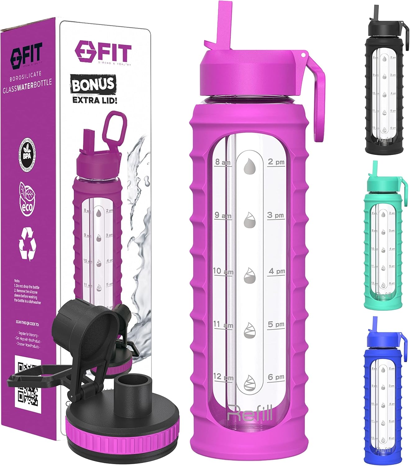32 oz Glass Water Bottle with Time Marker, Sleeve & Extra Lid - BPA-Free, Wide Mouth, Motivational Design - Large Glass Drinking Bottle