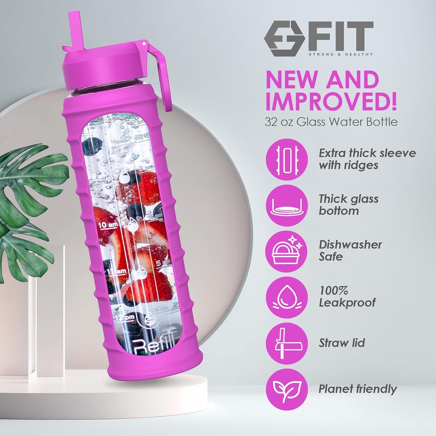 32 oz Glass Water Bottle with Time Marker, Sleeve & Extra Lid - BPA-Free, Wide Mouth, Motivational Design - Large Glass Drinking Bottle