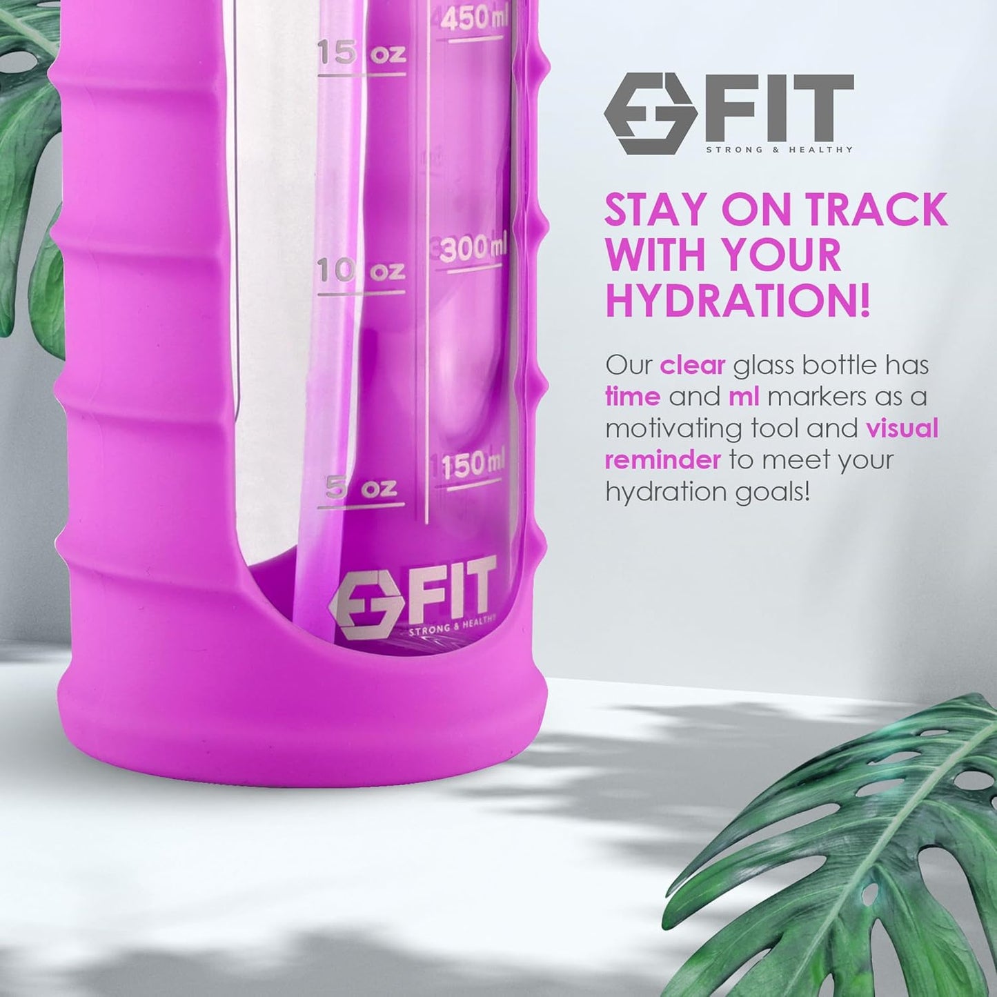 32 oz Glass Water Bottle with Time Marker, Sleeve & Extra Lid - BPA-Free, Wide Mouth, Motivational Design - Large Glass Drinking Bottle