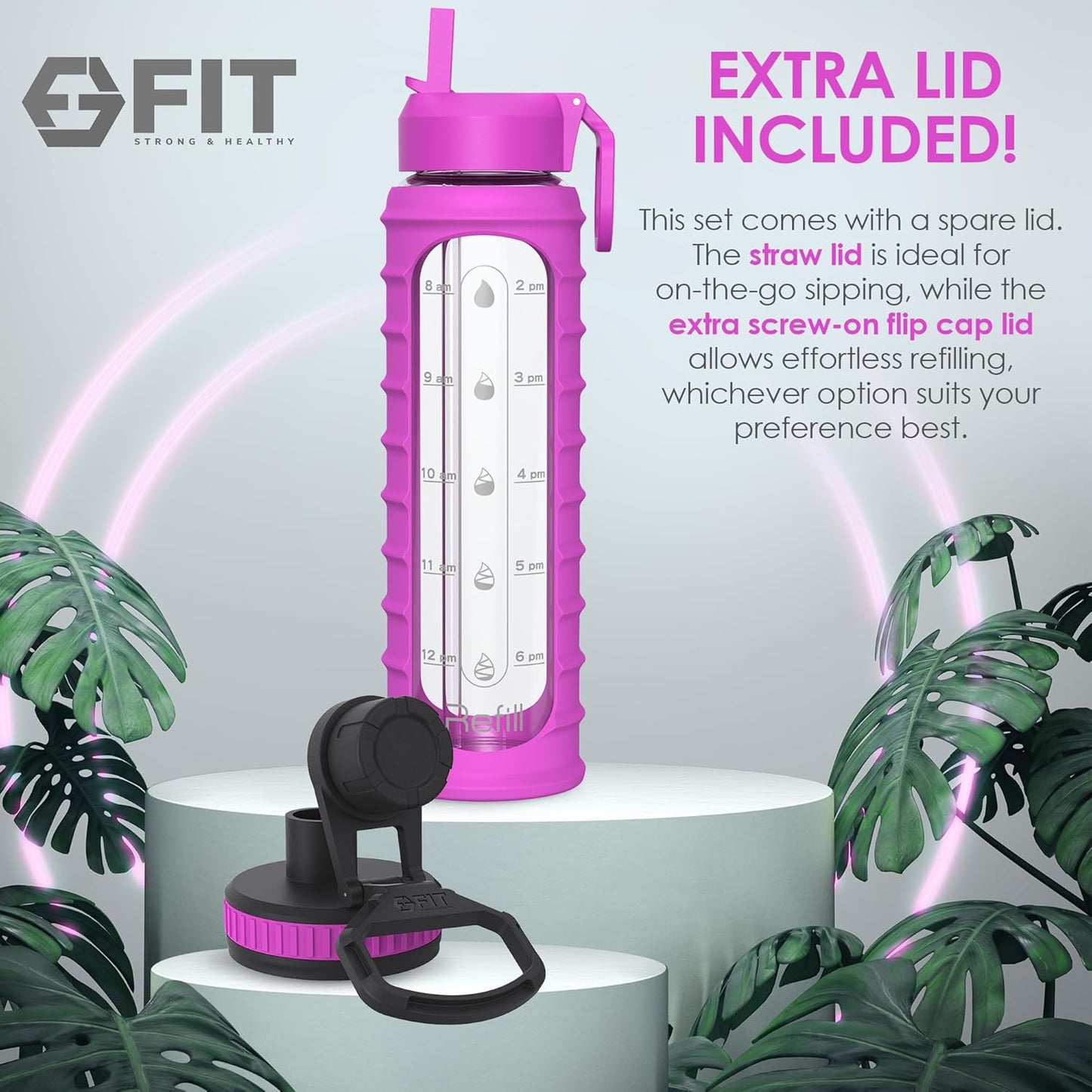 32 oz Glass Water Bottle with Time Marker, Sleeve & Extra Lid - BPA-Free, Wide Mouth, Motivational Design - Large Glass Drinking Bottle