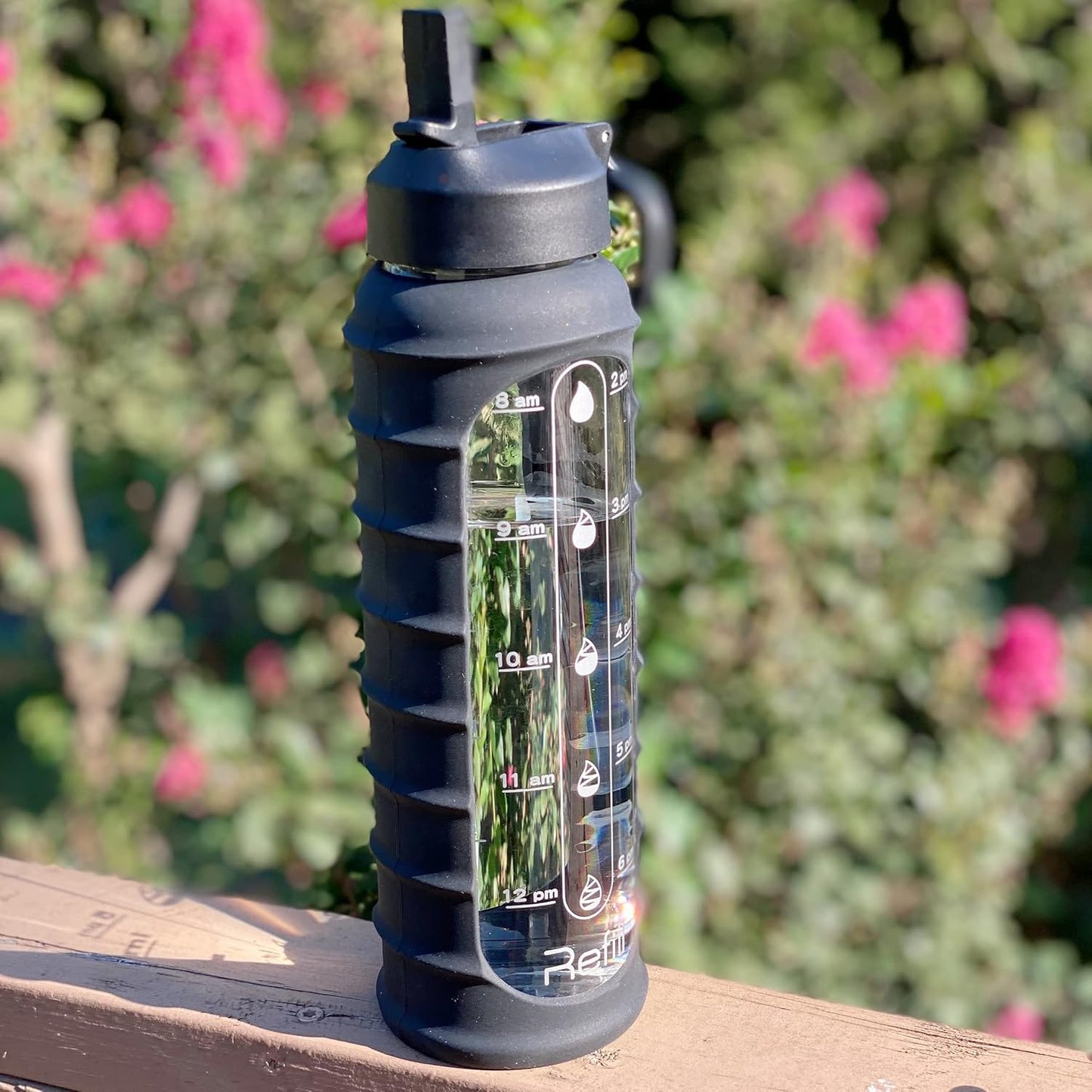 32 oz Glass Water Bottle with Time Marker, Sleeve & Straw Lid - BPA-Free, Wide Mouth, Large 1 Liter Capacity - Motivational Fit Strong & Healthy Glass Drinking Bottle