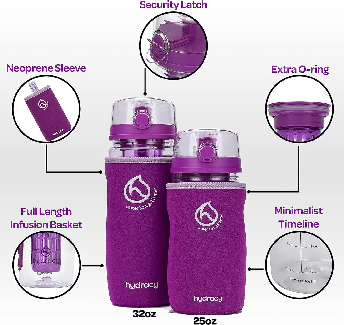 32 oz Hydracy Fruit Infuser Water Bottle with Insulating Sleeve, Time Marker & Infusion Rod - Deep Purple - Includes 27 Fruit Infused Water Recipes eBook