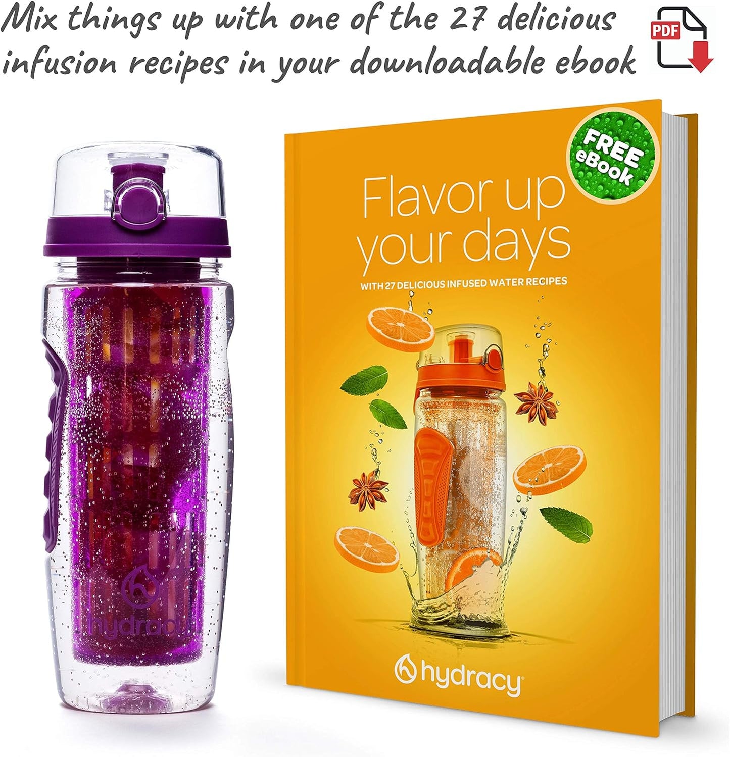 32 oz Hydracy Fruit Infuser Water Bottle with Insulating Sleeve, Time Marker & Infusion Rod - Deep Purple - Includes 27 Fruit Infused Water Recipes eBook