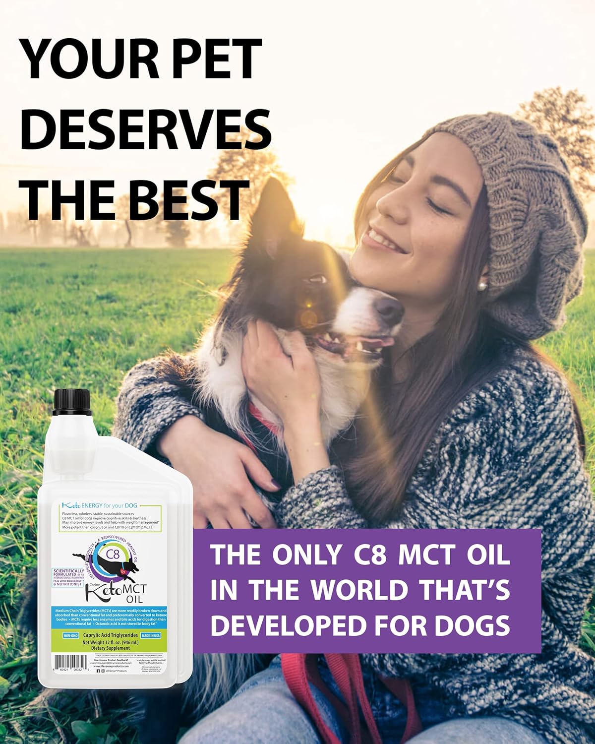 32 oz LifeSense C8 MCT Oil for Dogs, Coconut Oil Source, Keto-Friendly, Human Grade, Made in USA by PhD Nutrition - Optimal Brain and Body Fuel