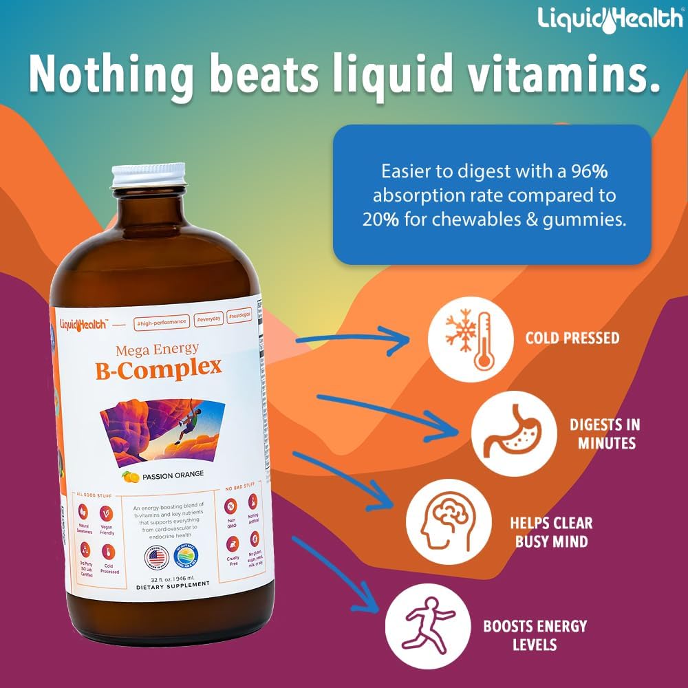 32 Oz LiquidHealth Vitamin B Complex Multivitamin for Women & Men - Super B Complex Energy Supplement with B1, B2, B3, B5, B6, Methyl B12, Folate & Biotin