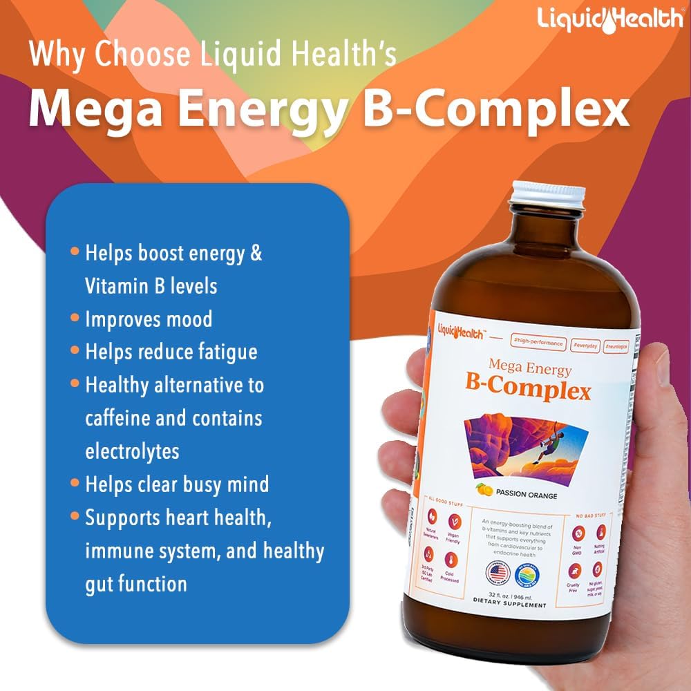 32 Oz LiquidHealth Vitamin B Complex Multivitamin for Women & Men - Super B Complex Energy Supplement with B1, B2, B3, B5, B6, Methyl B12, Folate & Biotin