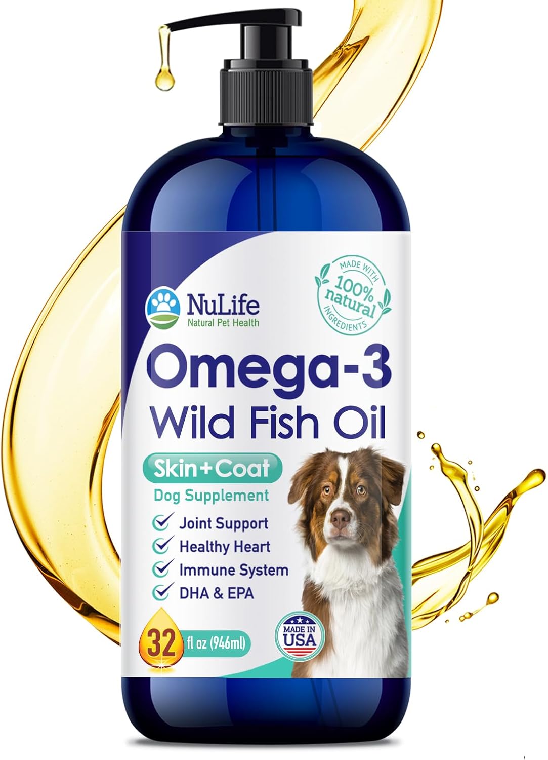 32 oz NuLife Natural Pet Health Liquid Fish Oil for Dogs | Omega 3, 6 & 9 Fatty Acids | Wild Caught from Iceland | Skin & Coat Supplement | Shedding, Itchy Skin, Allergies | Brain & Heart Health | EPA + DHA