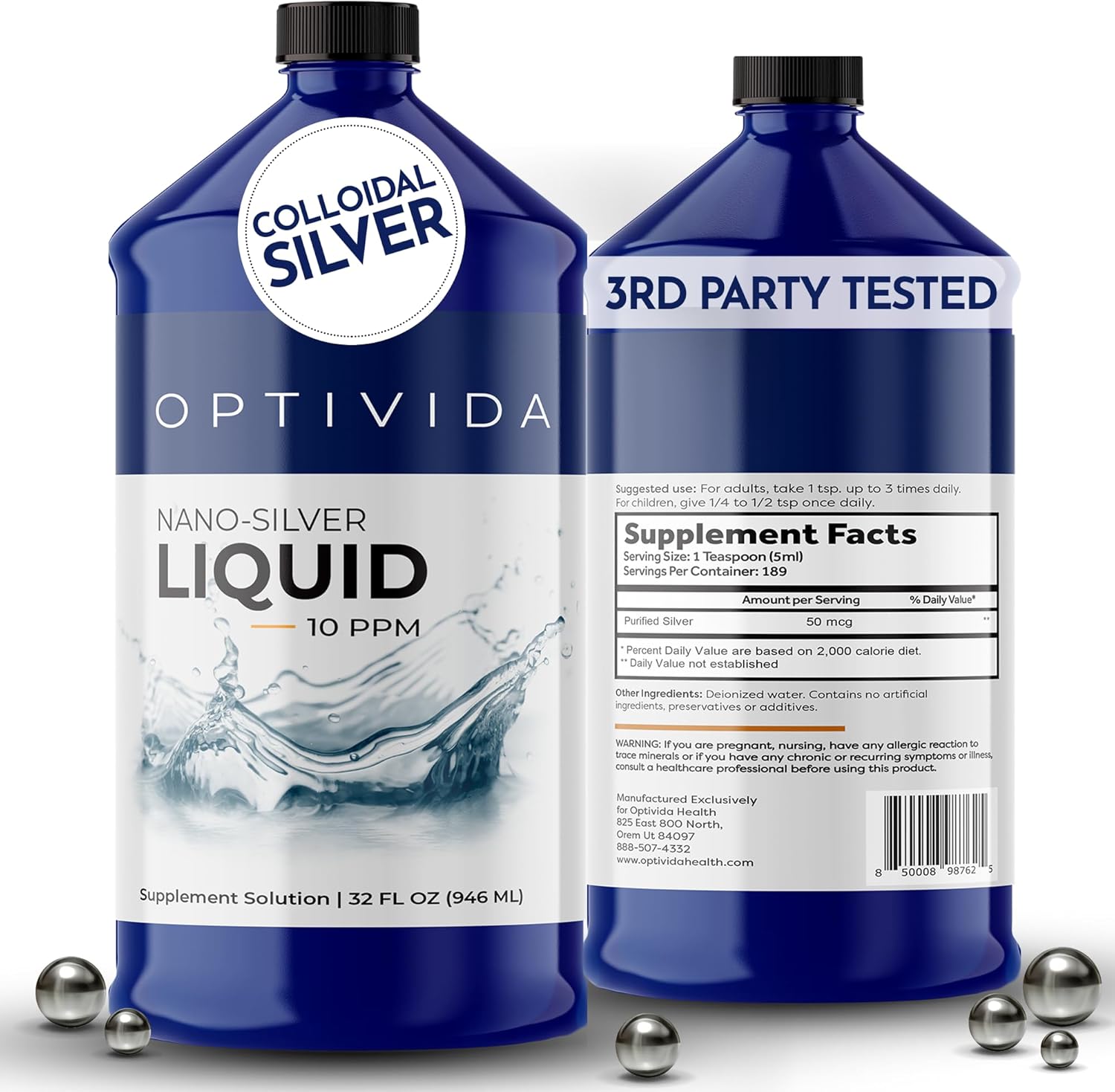 32 oz Optivida Health Colloidal Silver Liquid - Silver Hydrosol Immune Support Supplement - 10 PPM Silver Colloidal Liquid for Immune System