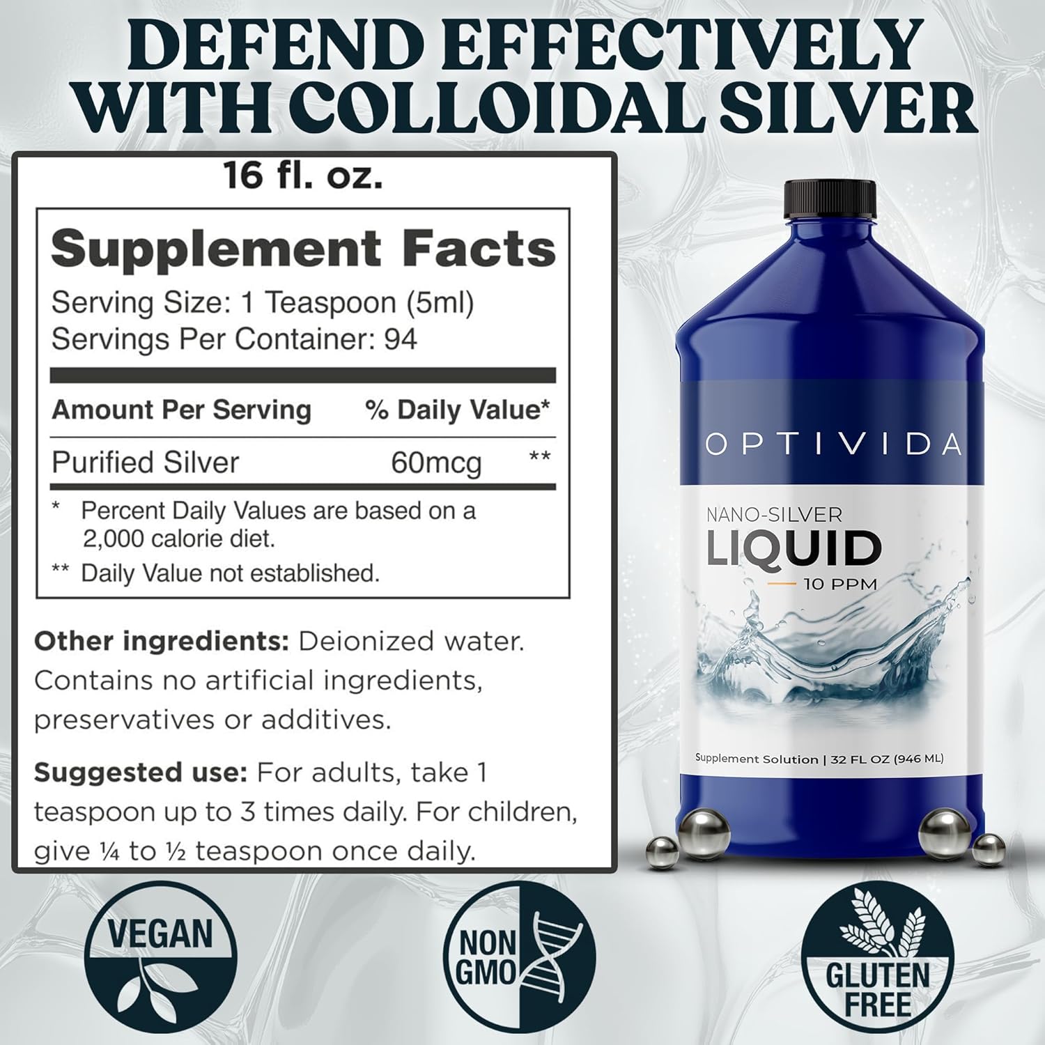 32 oz Optivida Health Colloidal Silver Liquid - Silver Hydrosol Immune Support Supplement - 10 PPM Silver Colloidal Liquid for Immune System