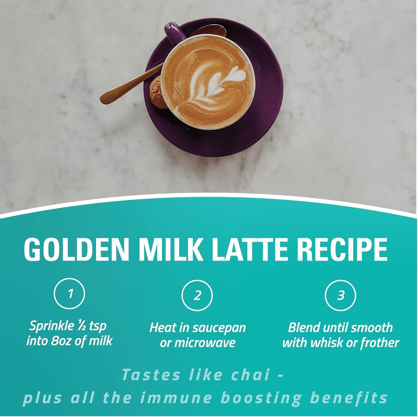 3.2 oz Organic Golden Milk Turmeric Powder with Immune Support Blend - Ginger, Black Pepper, Curcumin, Cinnamon, Cardamom, Vitamins C, D, B6, B12, Zinc