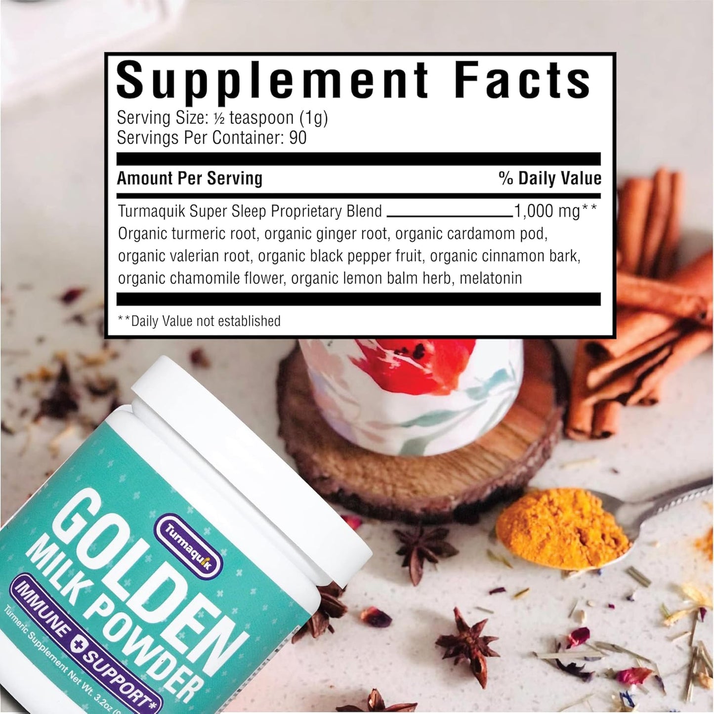 3.2 oz Organic Golden Milk Turmeric Powder with Immune Support Blend - Ginger, Black Pepper, Curcumin, Cinnamon, Cardamom, Vitamins C, D, B6, B12, Zinc