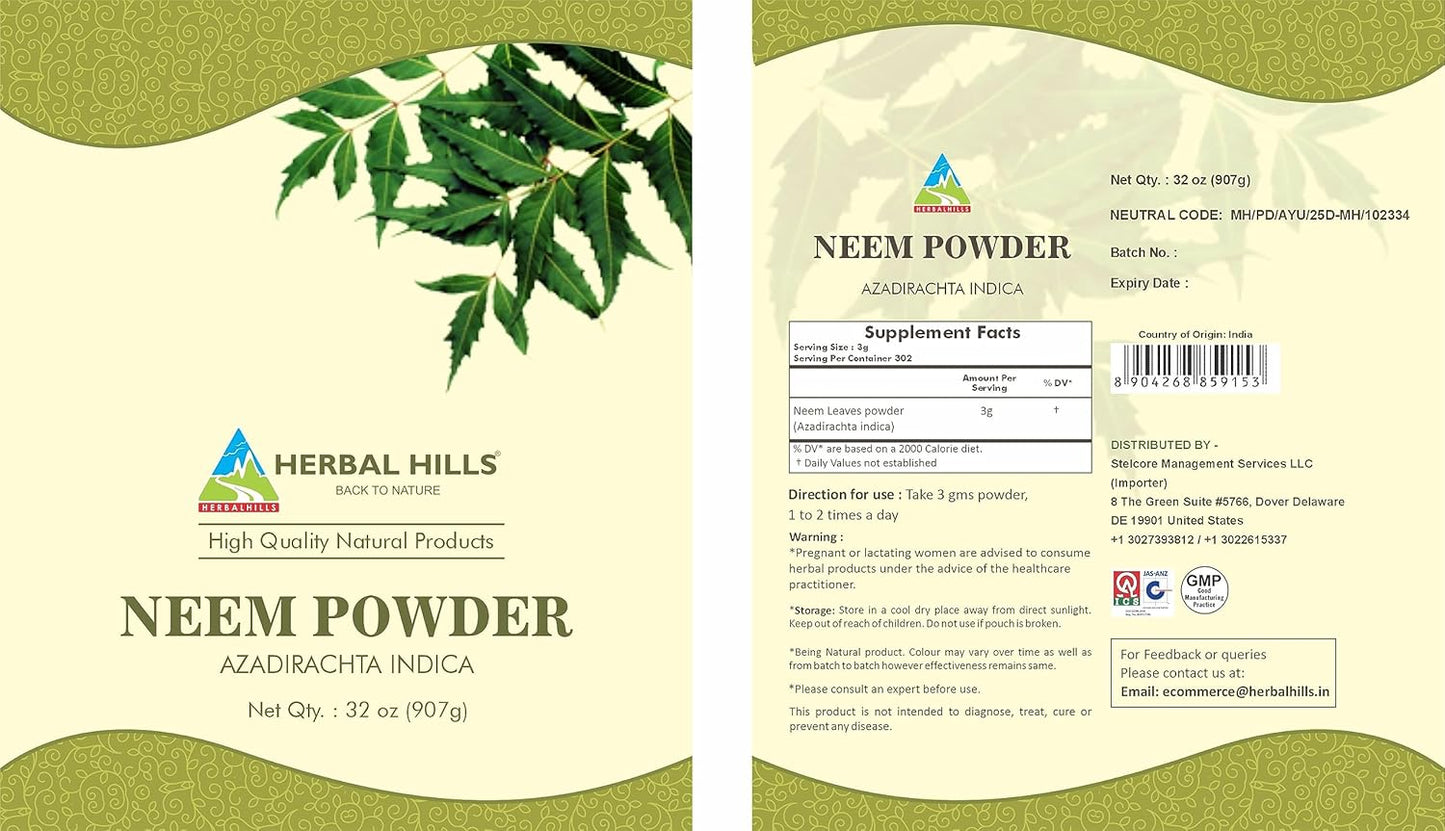 32 Oz Pure Neem Leaf Powder by HERBAL HILLS - Azadirachta Indica Supplement - BoostGo Australia