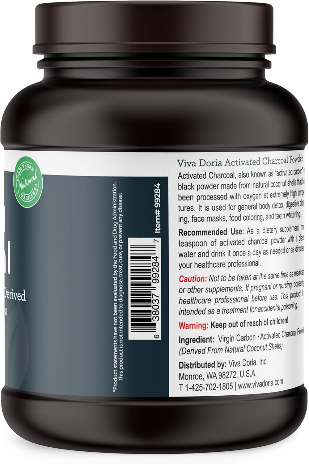 32 Oz Viva Doria Food Grade Virgin Activated Charcoal Powder - Coconut Shell Derived