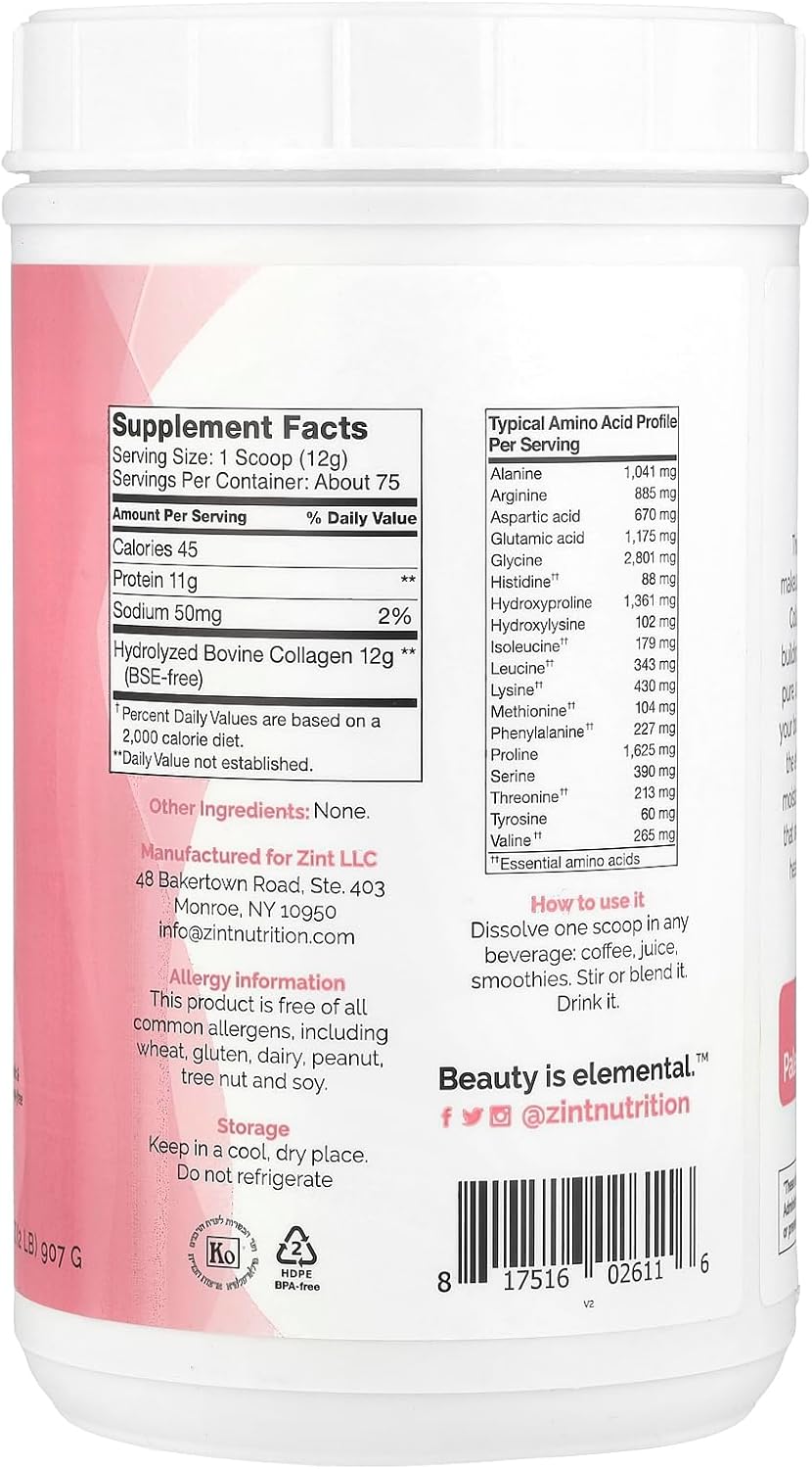 32 oz Zint Collagen Peptides Powder: Hydrolyzed Protein Beauty Supplement for Skin, Hair, Nails - Anti Aging Formula