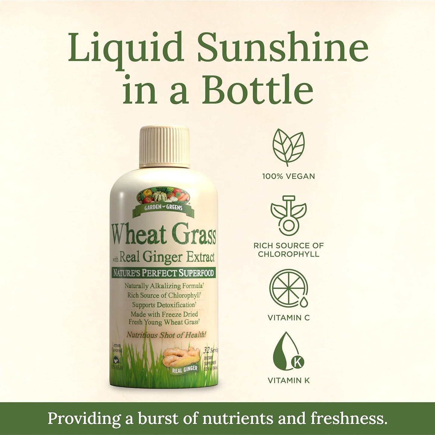 32 Servings of Garden Greens Wheat Grass Liquid with Real Ginger Extract - Nature's Perfect Superfood