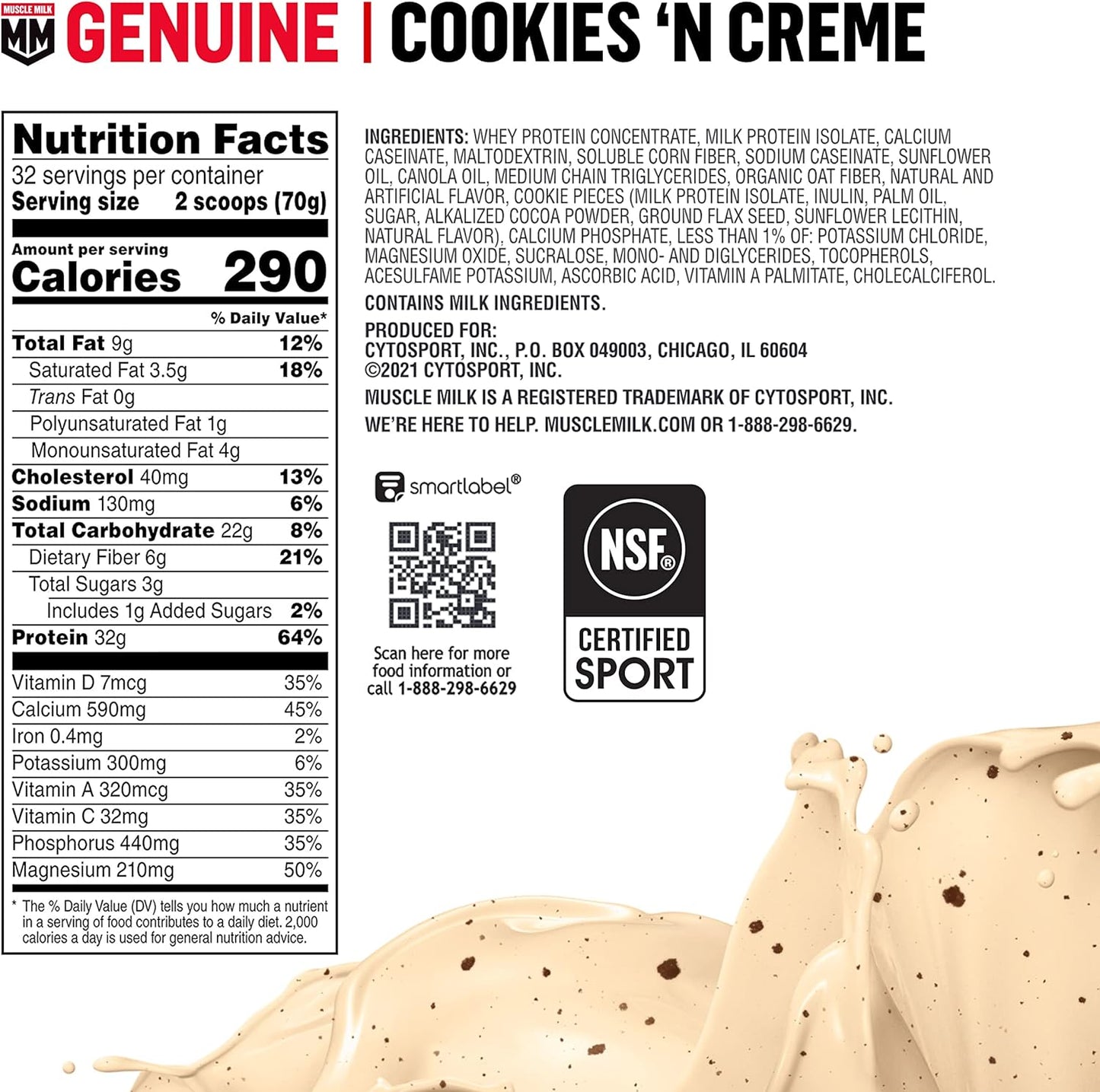 32 Servings of Muscle Milk Genuine Cookies 'n Crème Protein Powder - 4.94 Pound with 32g Protein, 2g Sugar, Calcium, Vitamins A, C & D - NSF Certified for Sport - Energizing Snack