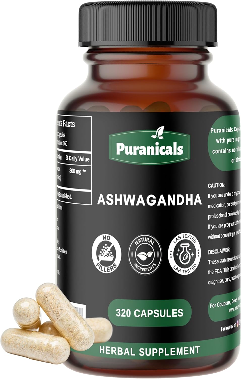 320 Capsules Puranicals Ashwagandha Premium: Non GMO, Gluten Free Herbal Supplement - 500mg Per Serving - 100% Pure Ashwagandha Powder