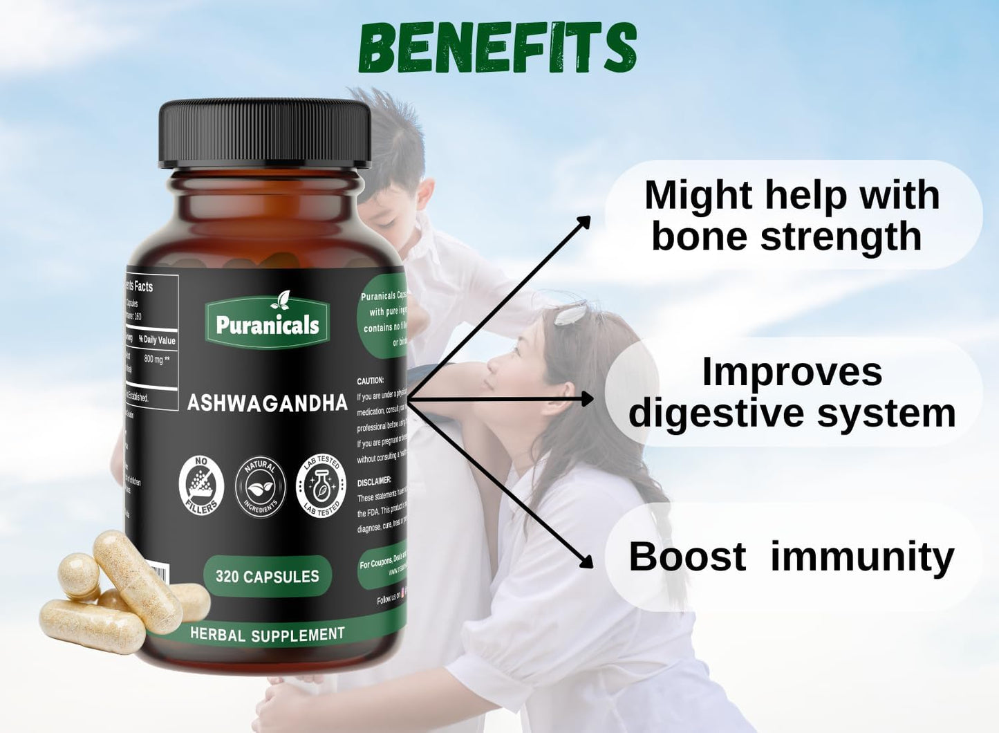 320 Capsules Puranicals Ashwagandha Premium: Non GMO, Gluten Free Herbal Supplement - 500mg Per Serving - 100% Pure Ashwagandha Powder