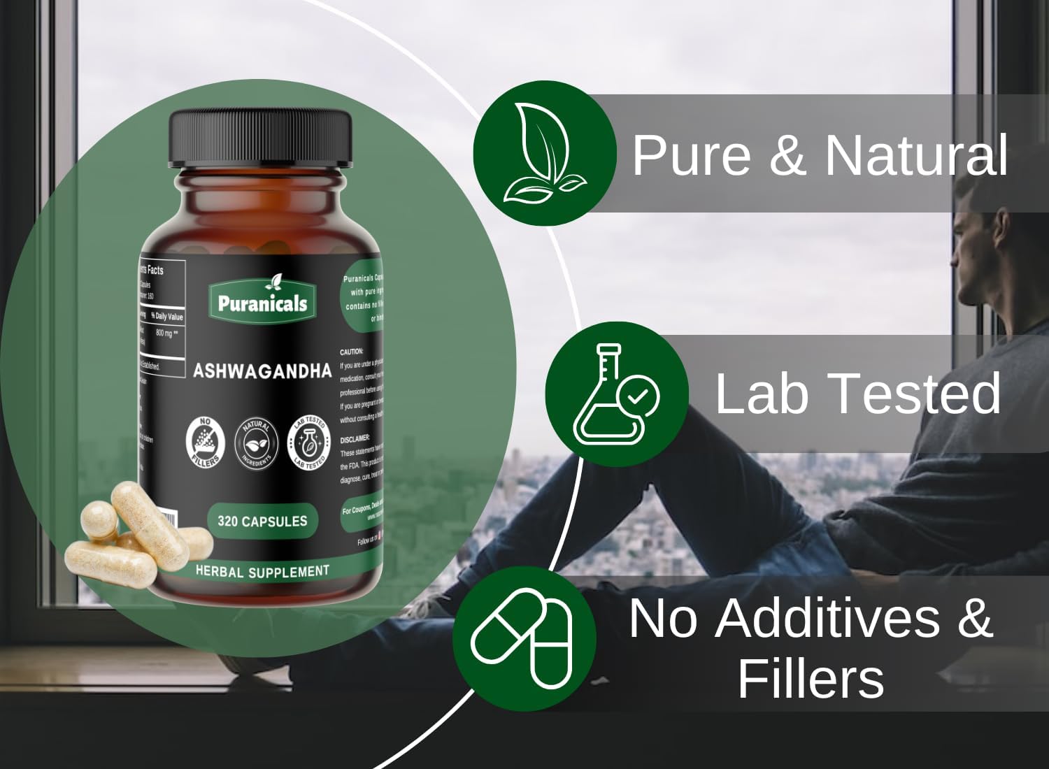 320 Capsules Puranicals Ashwagandha Premium: Non GMO, Gluten Free Herbal Supplement - 500mg Per Serving - 100% Pure Ashwagandha Powder
