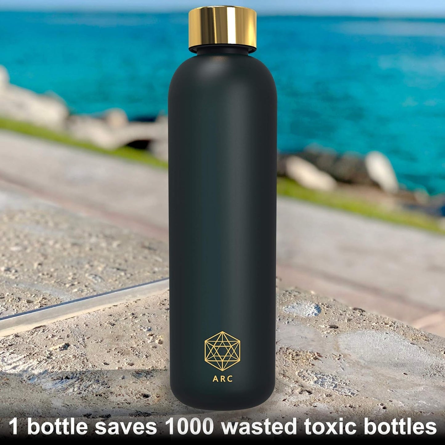 32oz Black Arcana Arc Bottle Water with Time Marker - BPA-Free Frosted Plastic Motivational Hydration Tracker for Gym, Sports, Outdoors