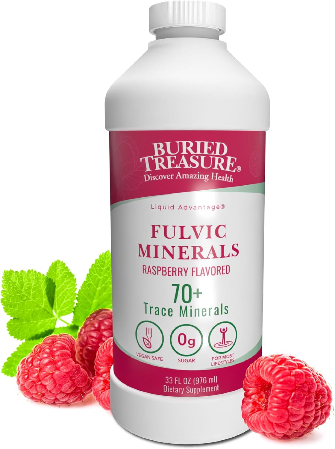 32oz Buried Treasure Fulvic Mineral Complex in Natural Raspberry Flavor - 70+ Plant Derived Minerals, Non-GMO, Electrolyte Replacement, Vegetarian-Friendly