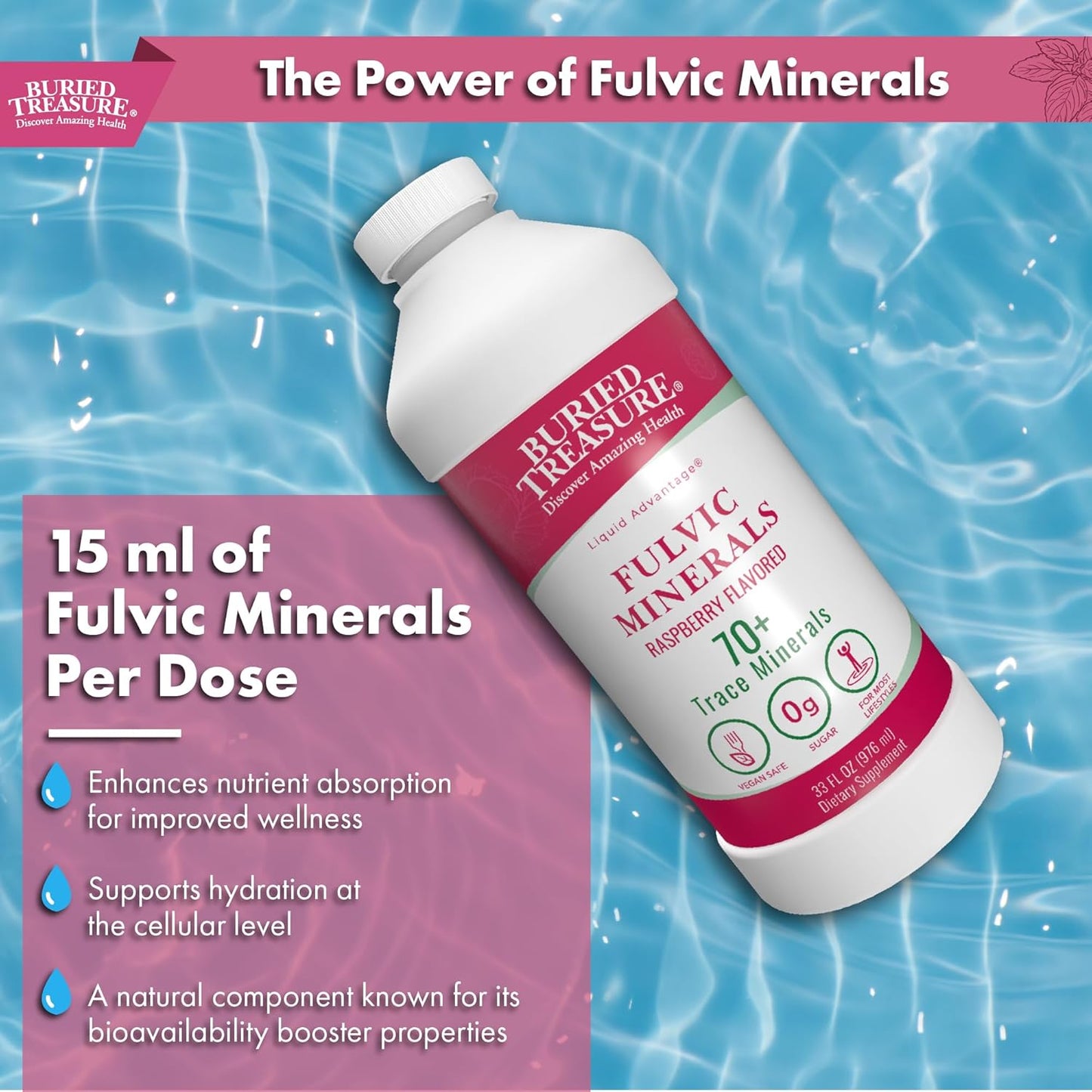32oz Buried Treasure Fulvic Mineral Complex in Natural Raspberry Flavor - 70+ Plant Derived Minerals, Non-GMO, Electrolyte Replacement, Vegetarian-Friendly