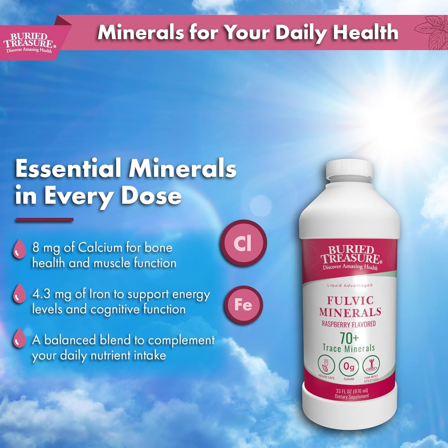 32oz Buried Treasure Fulvic Mineral Complex in Natural Raspberry Flavor - 70+ Plant Derived Minerals, Non-GMO, Electrolyte Replacement, Vegetarian-Friendly