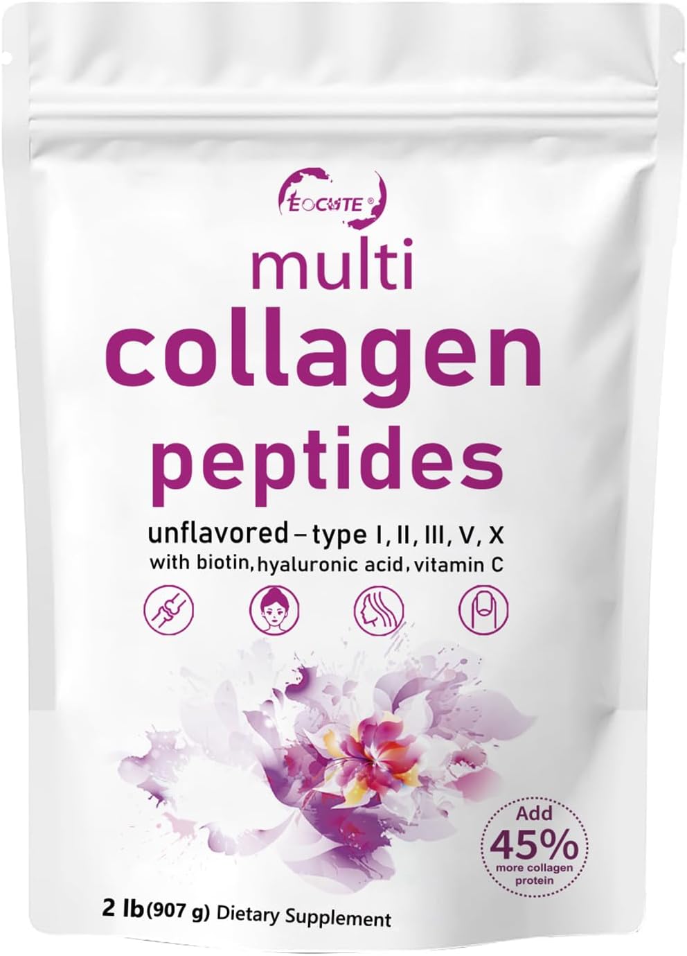 32oz EOCUTE Multi Collagen Peptides Powder - Hydrolyzed Protein Peptides with Hyaluronic Acid, Upgraded Formula, Type l,ll,ll,V,X