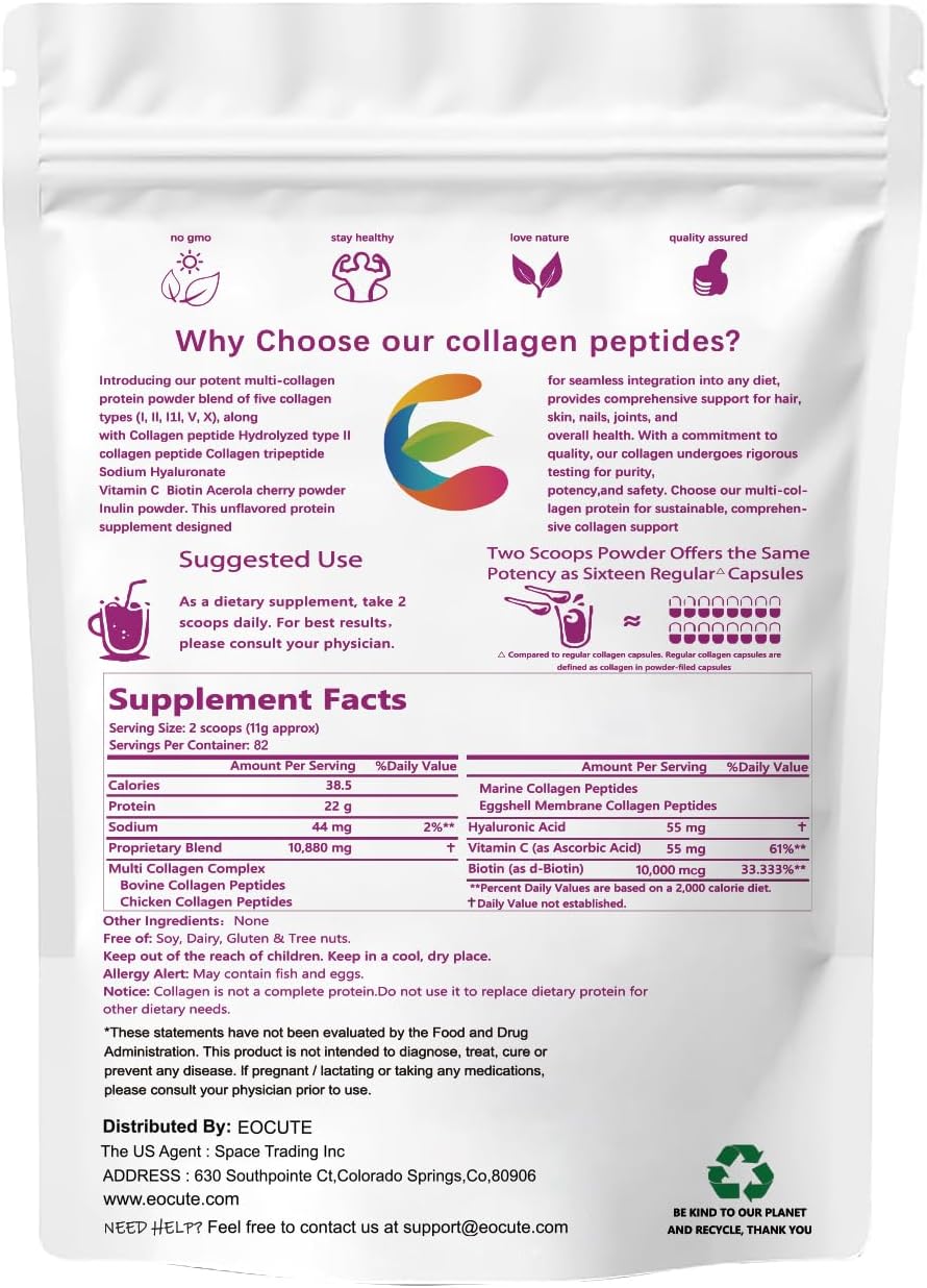 32oz EOCUTE Multi Collagen Peptides Powder - Hydrolyzed Protein Peptides with Hyaluronic Acid, Upgraded Formula, Type l,ll,ll,V,X