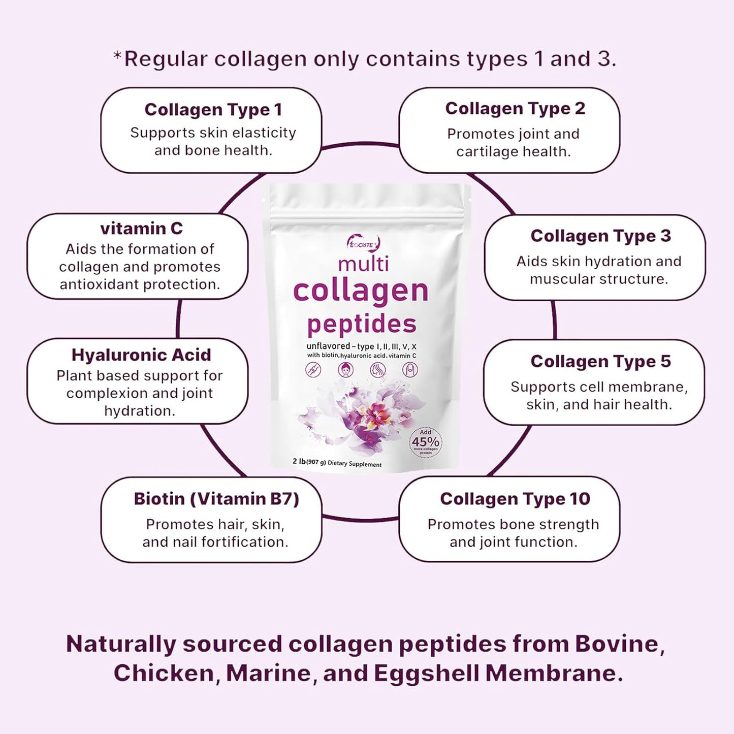 32oz EOCUTE Multi Collagen Peptides Powder - Hydrolyzed Protein Peptides with Hyaluronic Acid, Upgraded Formula, Type l,ll,ll,V,X
