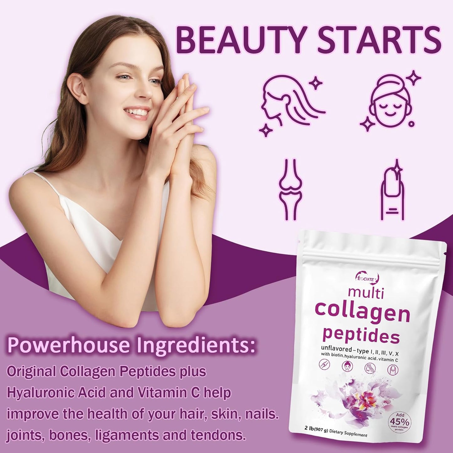 32oz EOCUTE Multi Collagen Peptides Powder - Hydrolyzed Protein Peptides with Hyaluronic Acid, Upgraded Formula, Type l,ll,ll,V,X