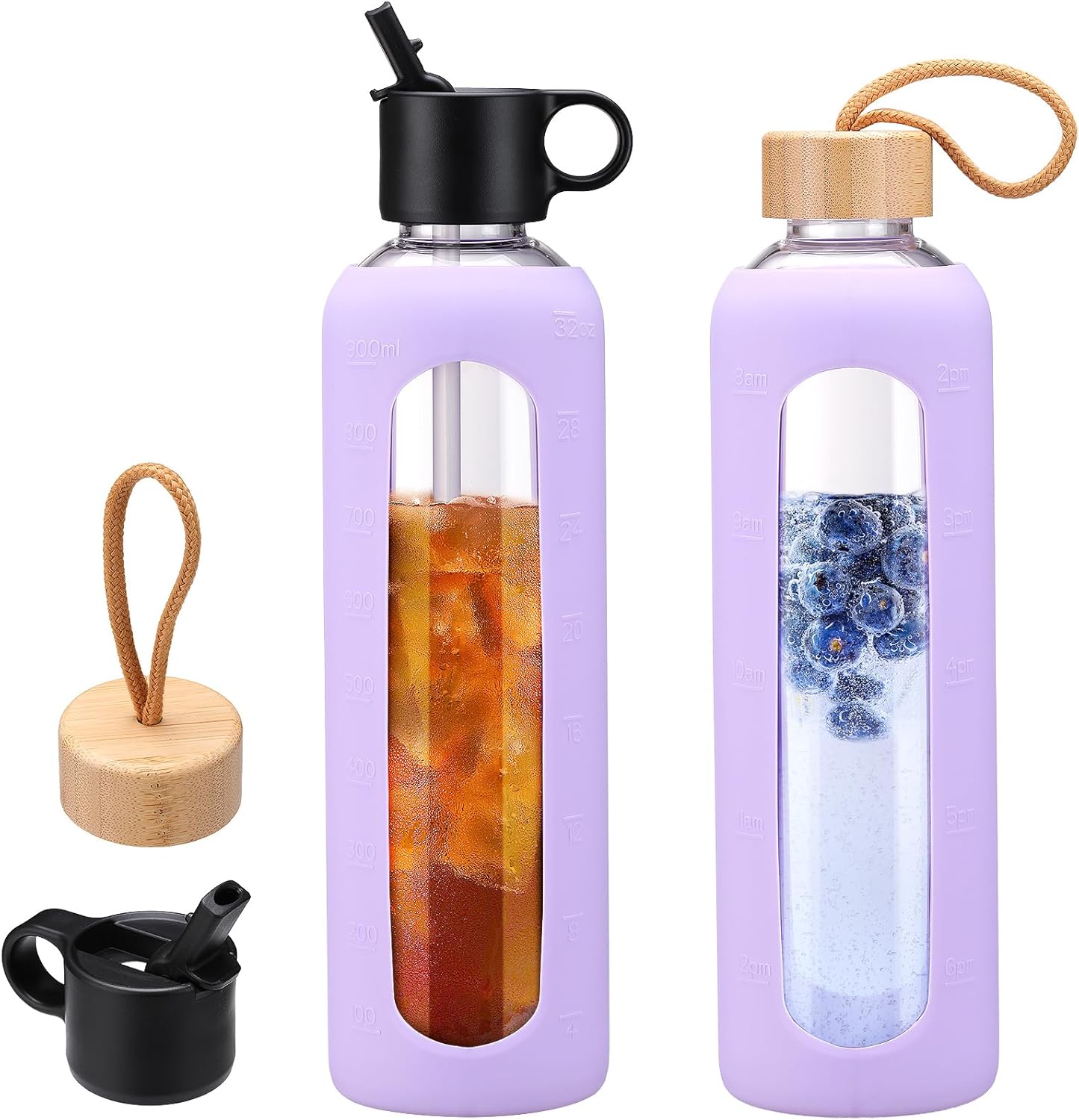 32oz Glass Water Bottle with 2 Lids, Silicone Sleeve, Time Marker, Cold Drink Juice Bottle - Purple