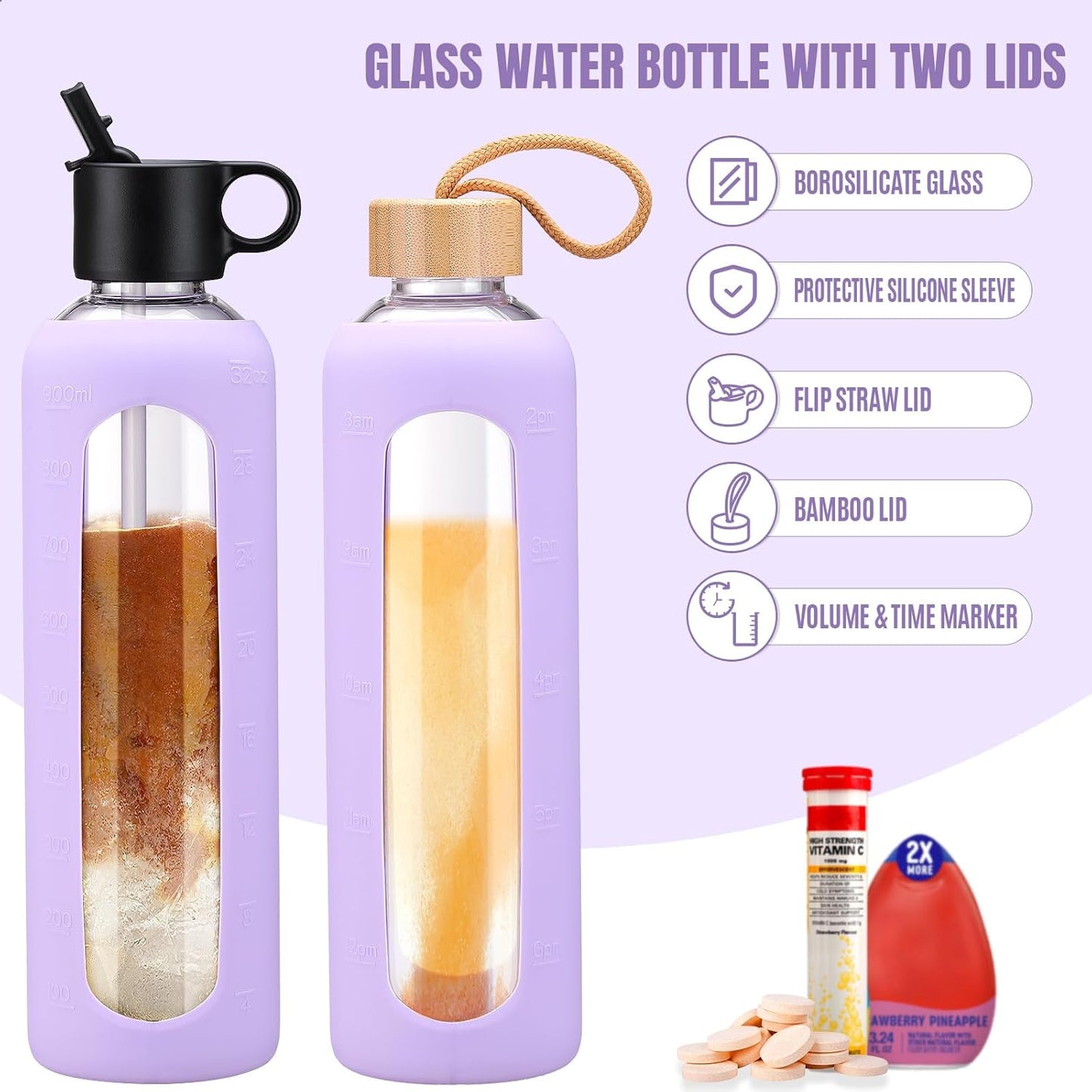32oz Glass Water Bottle with 2 Lids, Silicone Sleeve, Time Marker, Cold Drink Juice Bottle - Purple