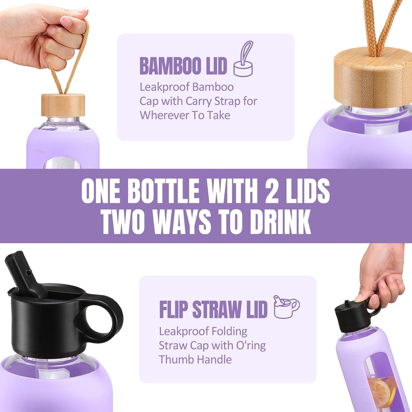 32oz Glass Water Bottle with 2 Lids, Silicone Sleeve, Time Marker, Cold Drink Juice Bottle - Purple