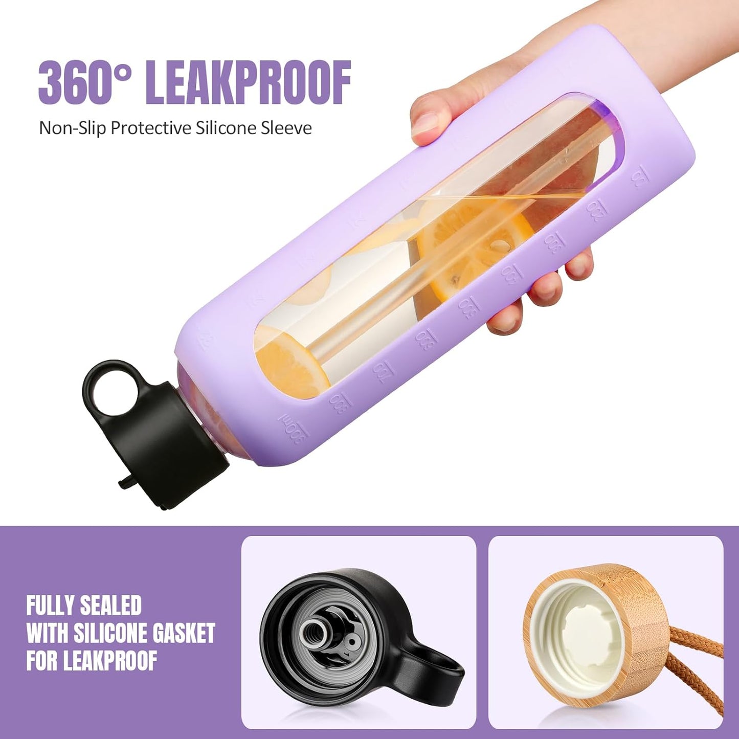 32oz Glass Water Bottle with 2 Lids, Silicone Sleeve, Time Marker, Cold Drink Juice Bottle - Purple