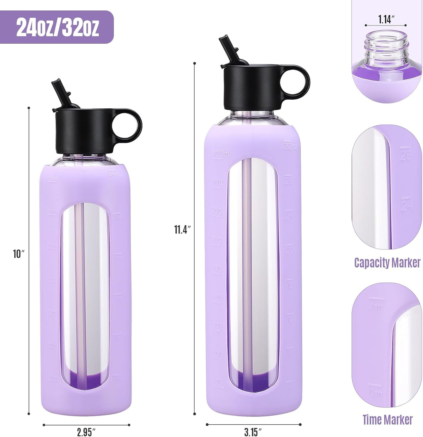 32oz Glass Water Bottle with 2 Lids, Silicone Sleeve, Time Marker, Cold Drink Juice Bottle - Purple